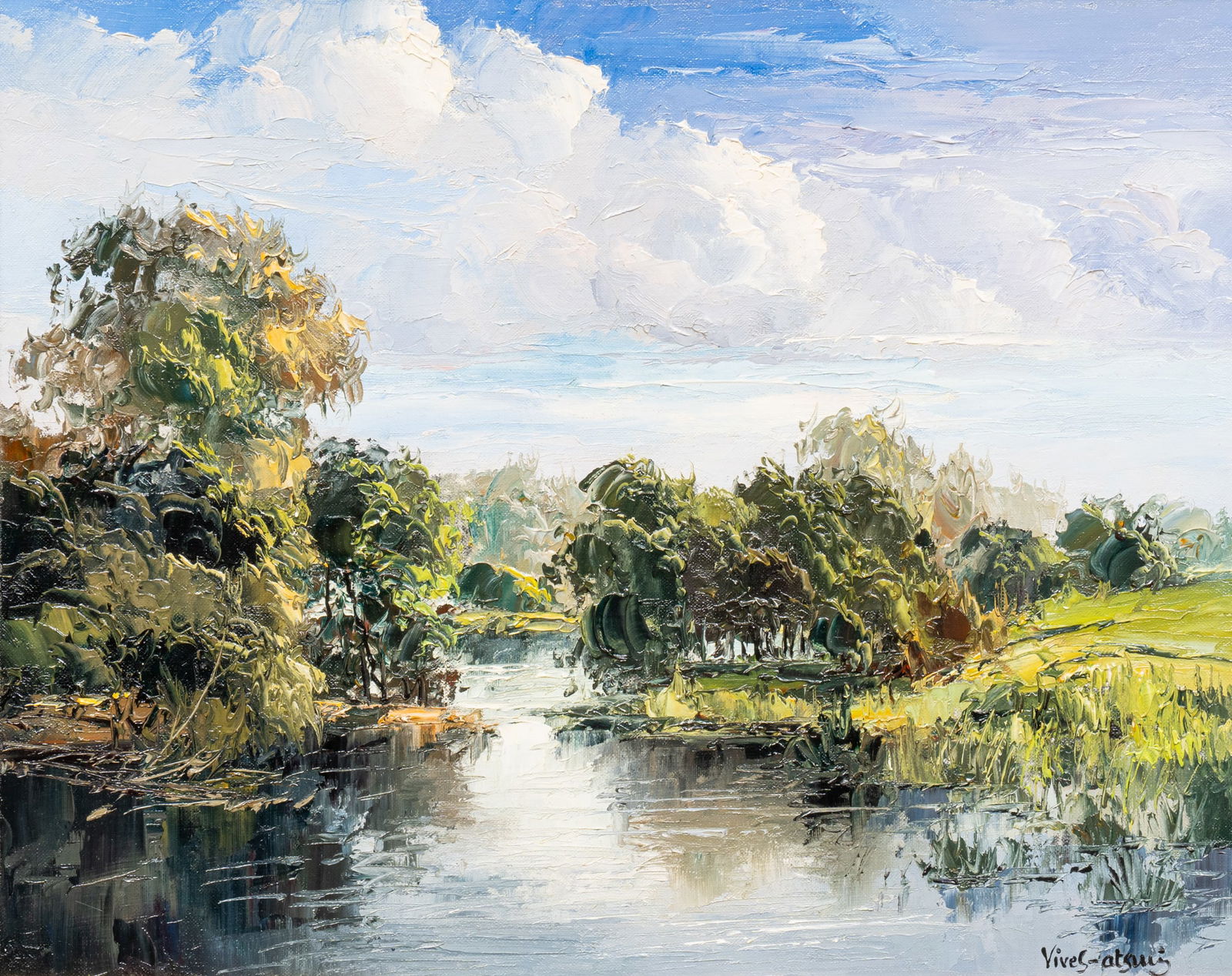 Jose Vives-Atsara, "The Atascosa River", 1970: Jose Vives-Atsara (Spain / San Antonio, Texas, 1919-2004), "The Atascosa River -- Texas", oil on canvas panel, signed lower right, inscribed on the verso with signature, title,