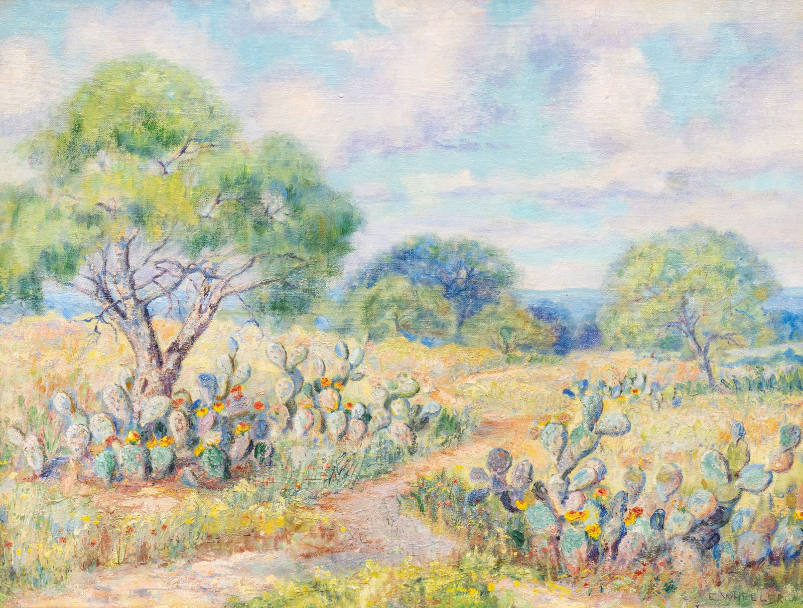 Ellie Wheeler, Flowering Cactus Landscape: Elmira "Ellie" Wheeler (Texas, 1883-1959), landscape with blooming prickly pear cactus, oil on canvas laid to panel, signed lower rightsight: 20 x 26 in., frame: 26 x 32