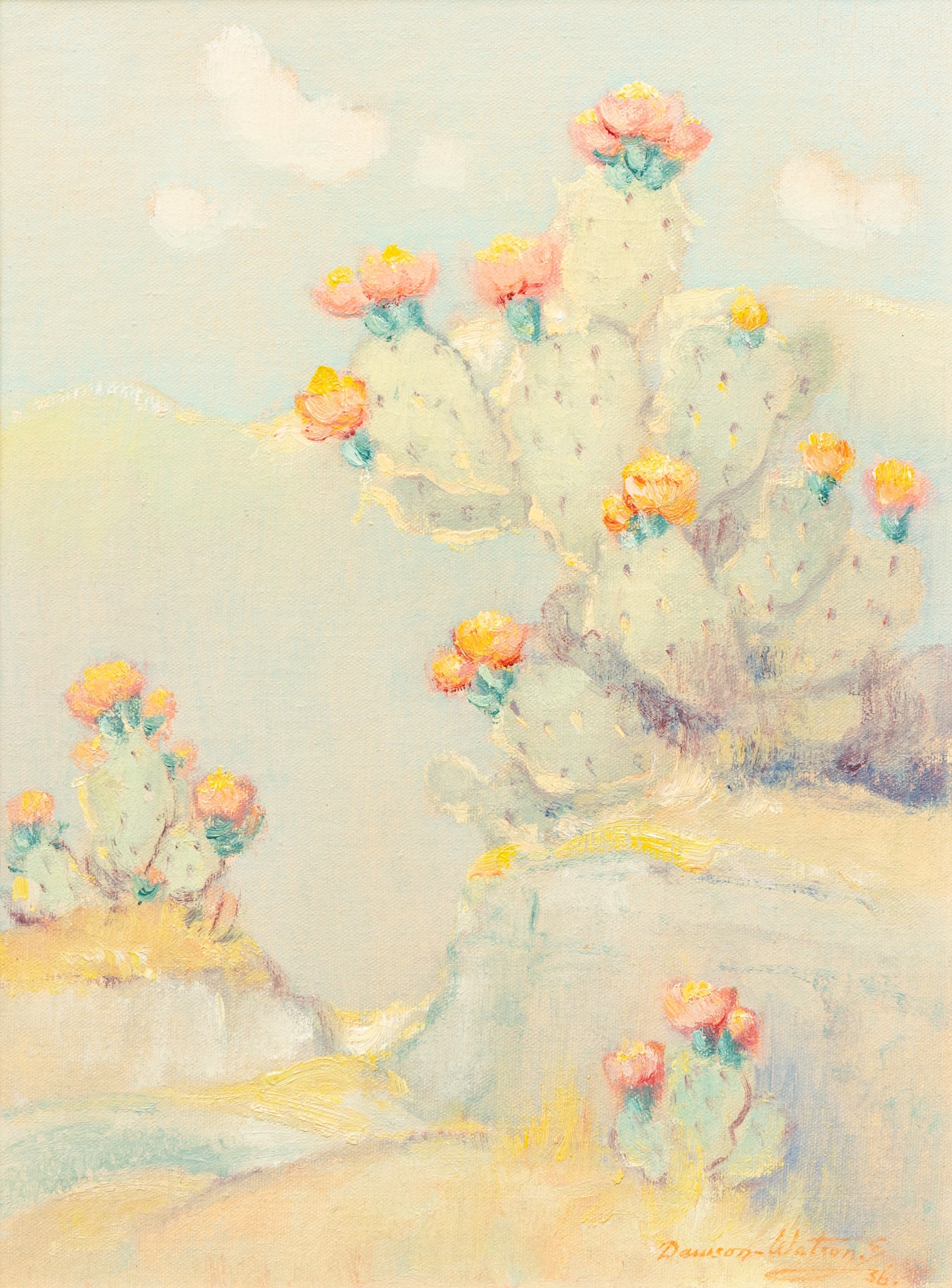 Dawson Dawson-Watson, Cactus Blossoms, 1936: Dawson Dawson-Watson (England / Texas, 1864-1939), flowering prickly pear cactus blossoms along Texas road, oil on canvas, signed and dated lower right, 1936sight: 16 x 12 in., frame: