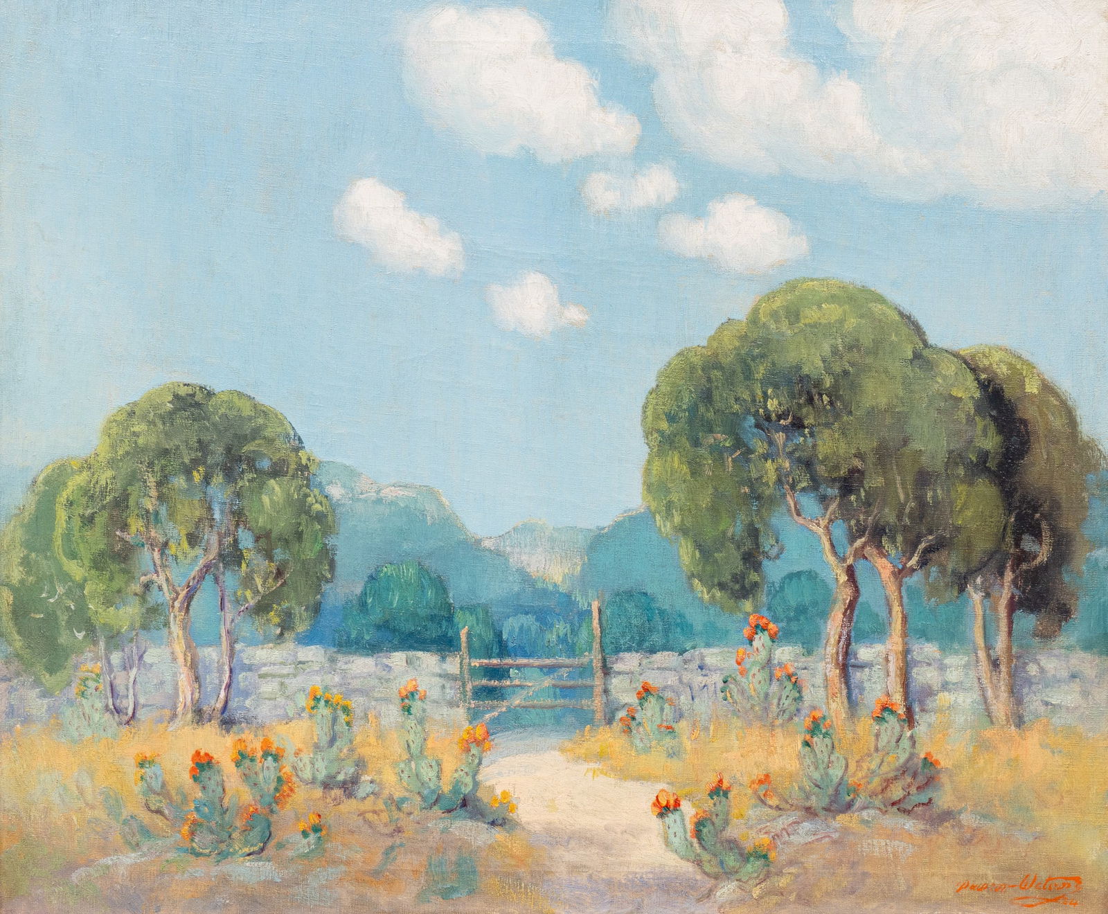 Dawson Dawson-Watson, Prickly Pear in Bloom, 1934: Dawson Dawson-Watson (England / Texas, 1864-1939), cactus in bloom with ranch gate in stone wall, oil on canvas, signed and dated lower right, 1934, in its original Texas-made carved and gilded wood f