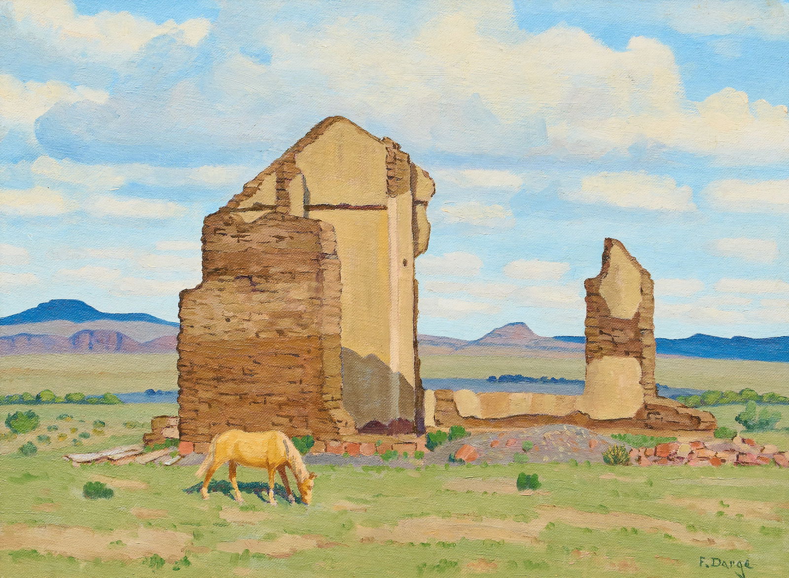 Fred Darge, "The Chapel": Fred Darge (Texas, 1900-1978), "The Chapel", oil on canvas panel, signed lower right, inscribed "'The Chapel' (Ruins of Fort Davis, Davis Mountains)" on the