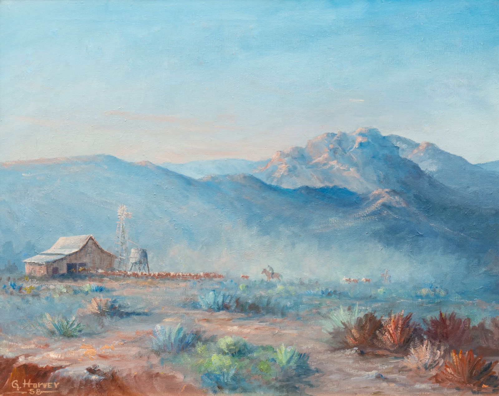 G. Harvey, West Texas Cattle Drive, 1958: G. Harvey (Gerald Harvey Jones, Texas, 1933-2017), West Texas cattle drive scene with barn and windmill, oil on canvas, signed and dated lower left, 1958sight: 24 x 30 in., frame: 28 x