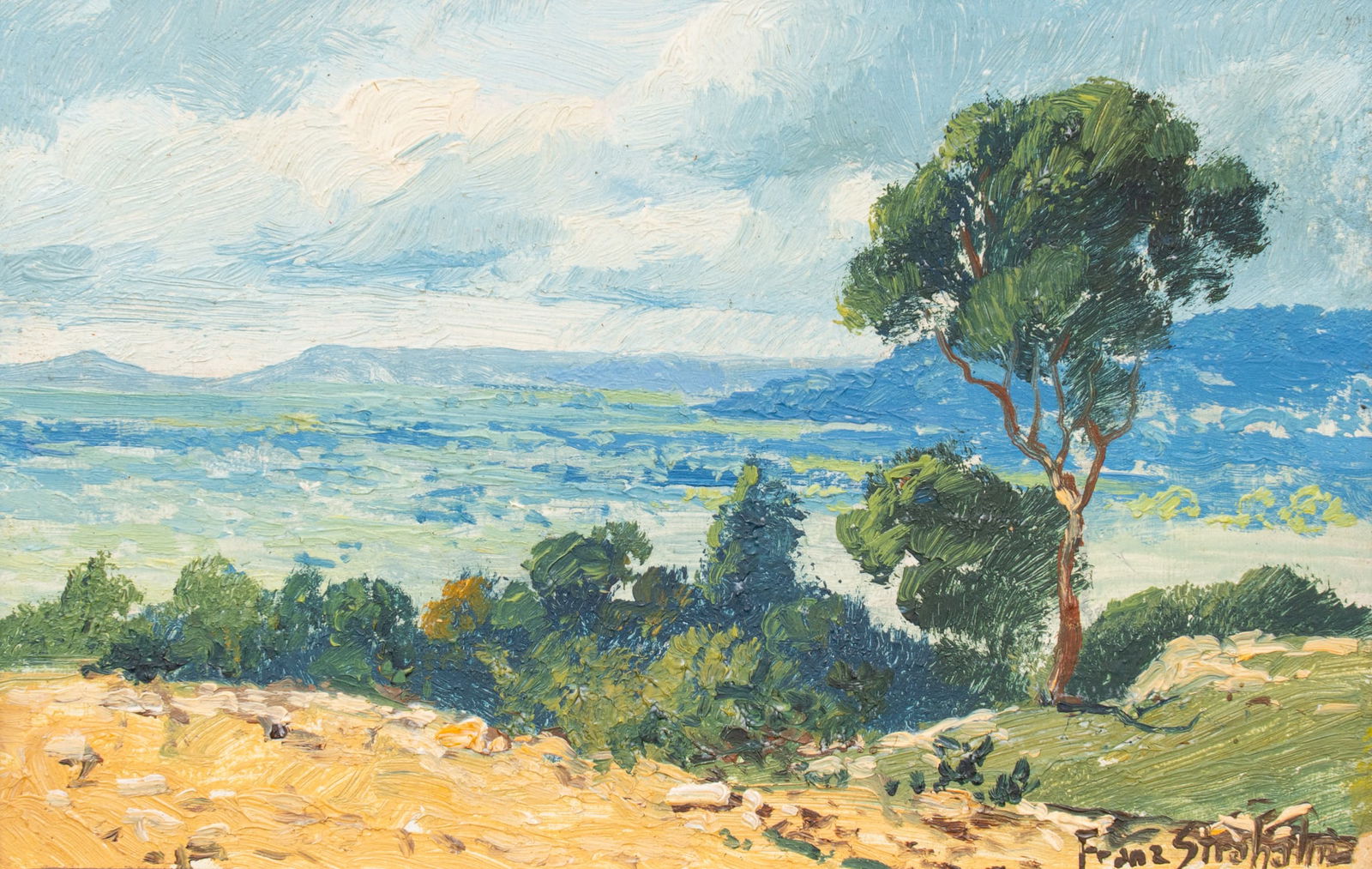 Franz Strahalm, Big Bend Landscape: Franz Strahalm (Texas / Austria, 1879-1935), Big Bend landscape in West Texas, oil on panel, signed lower rightsight: 4 x 6.5 in., frame: 5 x 7 in.Provenance: Property from a Cornudas,