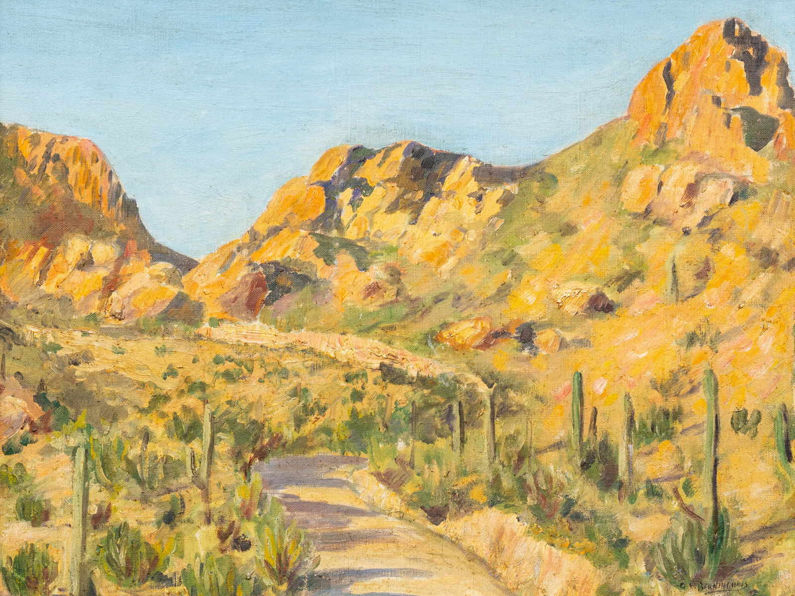 O. E. Berninghaus, "Cacti in a Western Landscape": Oscar Edmund Berninghaus (New Mexico, 1874-1952), "Cacti in a Western Landscape", oil on canvas laid to wood panel, signed lower rightsight: 20 x 25 in., frame: 25 x 31
