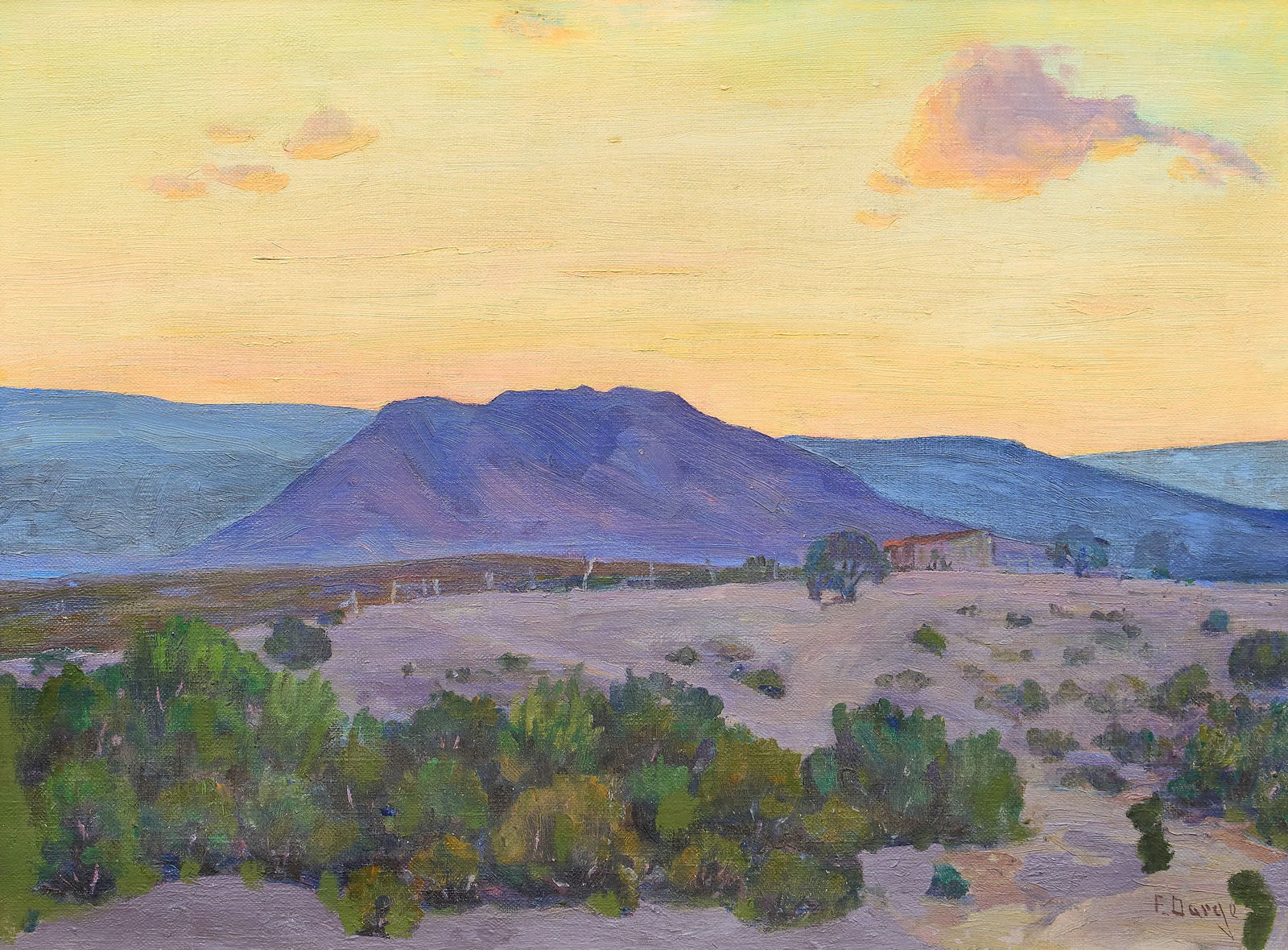 Fred Darge, Blue Mountains: Fred Darge (Texas, 1900-1978), scene of dusk with desert and blue mountains, oil on canvas, signed lower right sight: 12 x 16 in., frame: 18.5 x 22.5 in. Provenance: Property from a Kerens, Texas