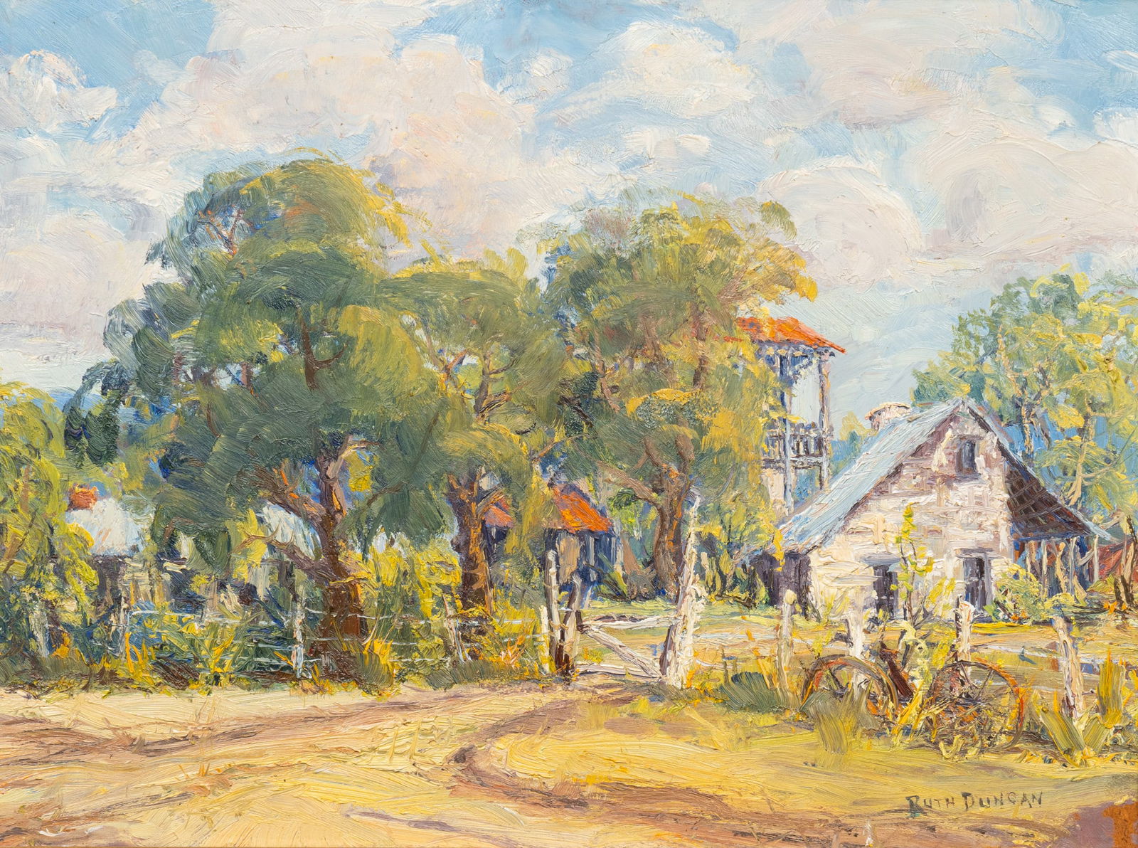 Ruth Duncan, "Stage Stop at Leon Springs, Texas": Ruth Duncan (Texas, 1908-2002), "Stage Stop at Leon Springs, Texas", oil on masonite, signed lower right sight: 12 x 16 in., frame: 18 x 22 in. Provenance: Property from a home in