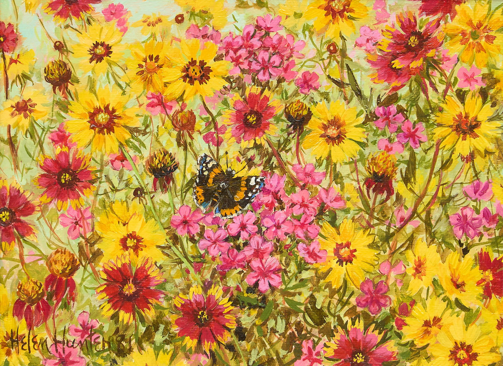 Helen Hunter, "Spring Close-Up", 1981: Helen Hunter (Texas, 1920-2003), "Spring Close-Up", oil on canvas panel, signed and dated lower right, 1981, with National Invitational Western Art Show label affixed on the verso from