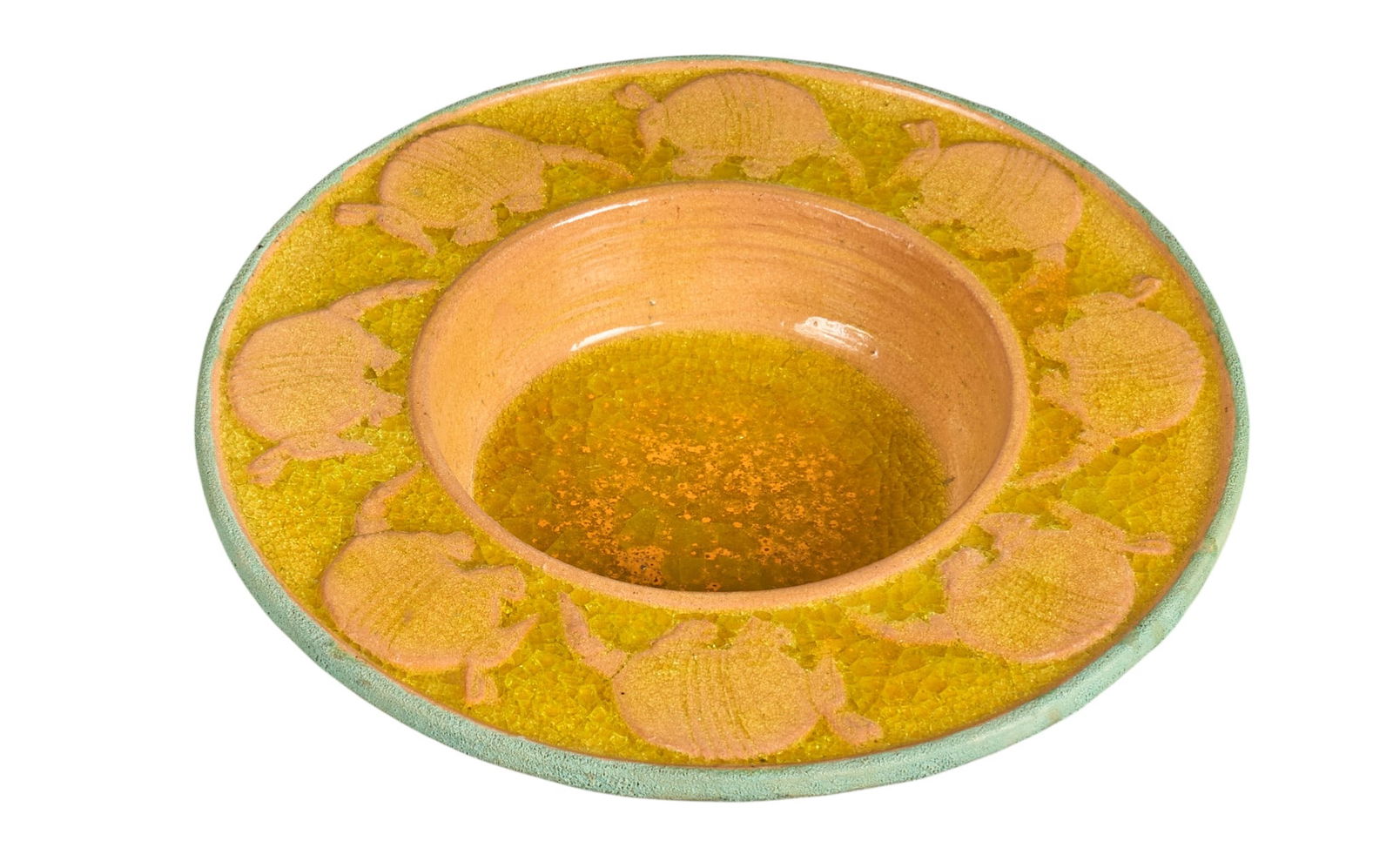 Harding Black, Armadillo Charger, 1946: Harding Black (San Antonio, Texas, 1912-2004), charger or bowl with wide rim with armadillo motifs, glazed and fired ceramic with bright yellow interior and textured turquoise exterior, incised