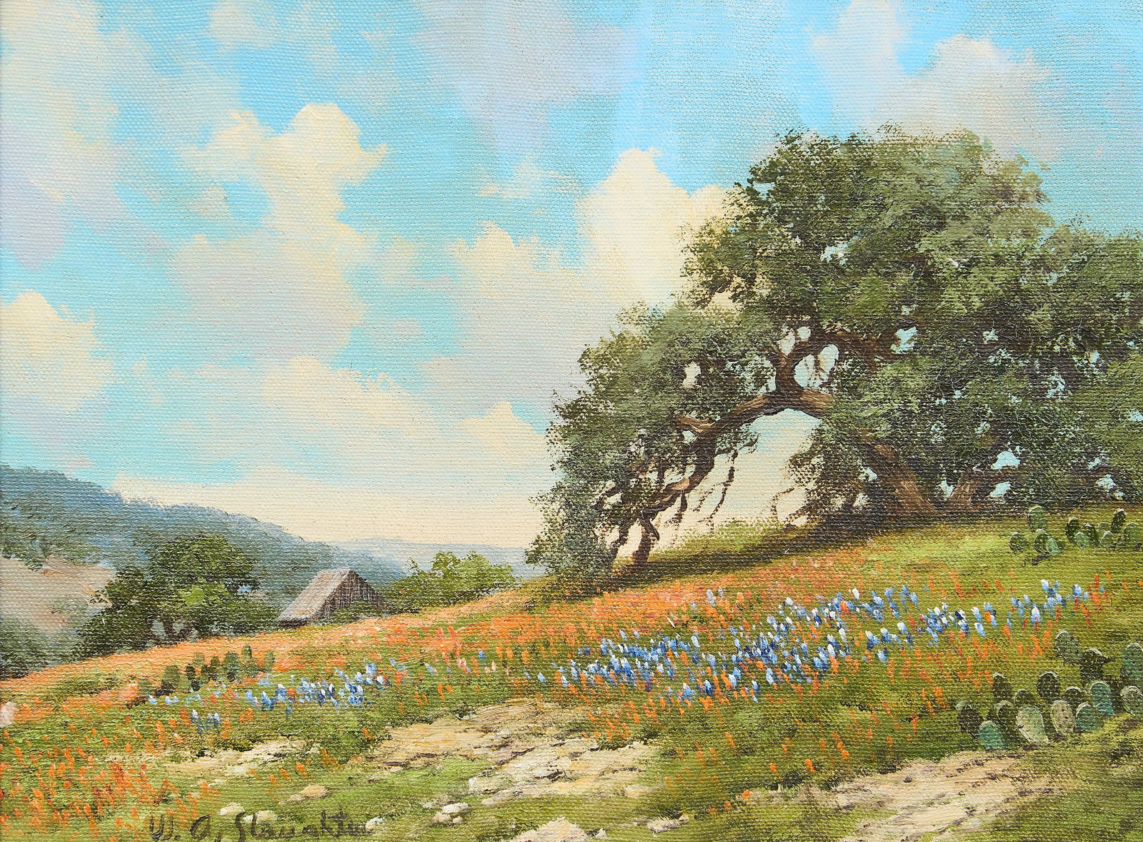 William Slaughter, "Painted with Paintbrush": William A. Slaughter (Texas, 1923-2003), "Painted with Paintbrush", oil on canvas, signed lower leftsight: 9 x 12 in., frame: 16.5 x 19.5 in.Provenance: Property from a Kerens, Texas