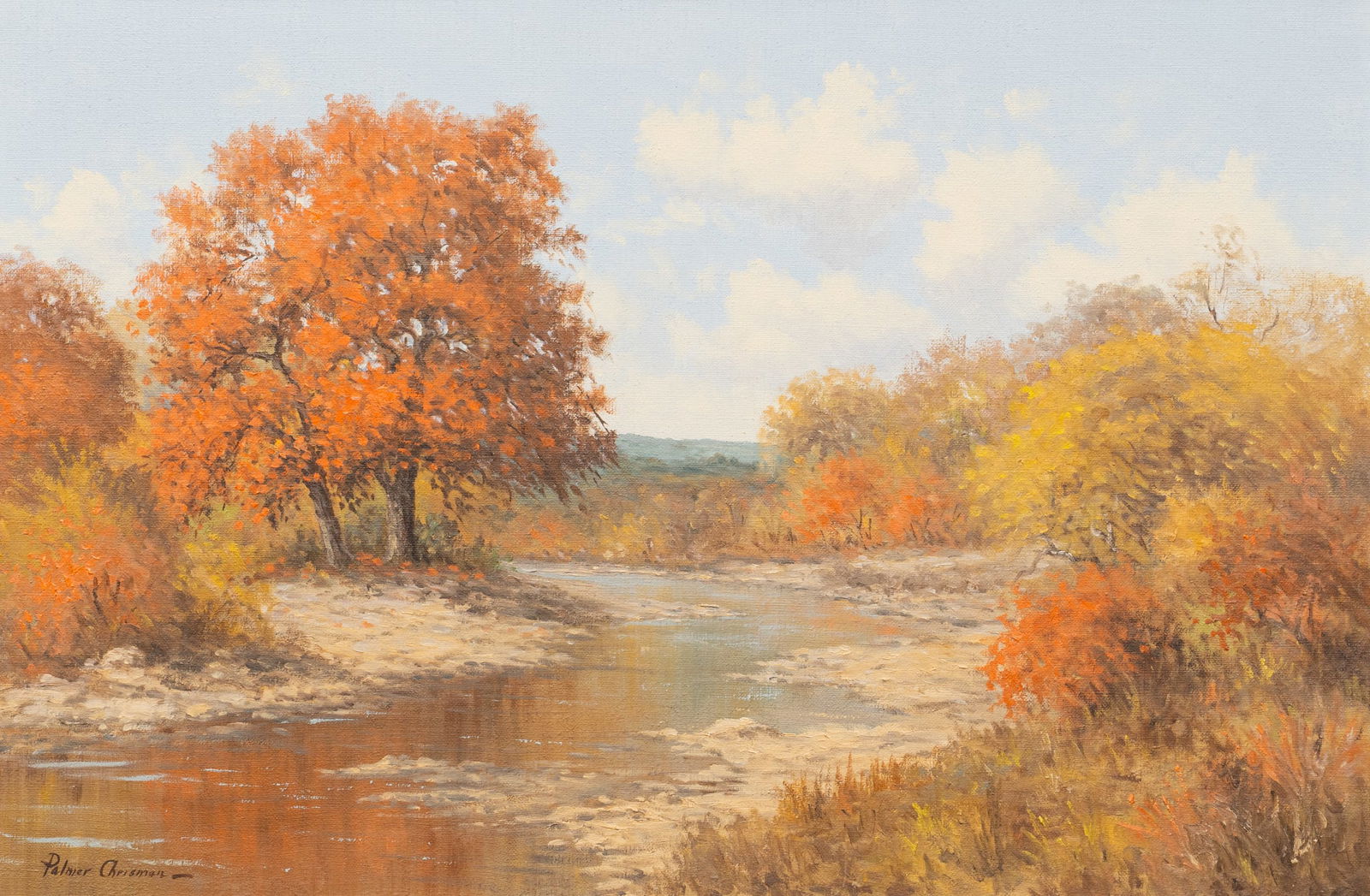 Palmer Chrisman, Texas Autumn: Palmer Chrisman (Texas, 1913-1984), Texas autumn landscape with creek, oil on canvas, signed lower leftsight: 24 x 36 in., frame: 30 x 42 in.Provenance: Property from a Kerens, Texas