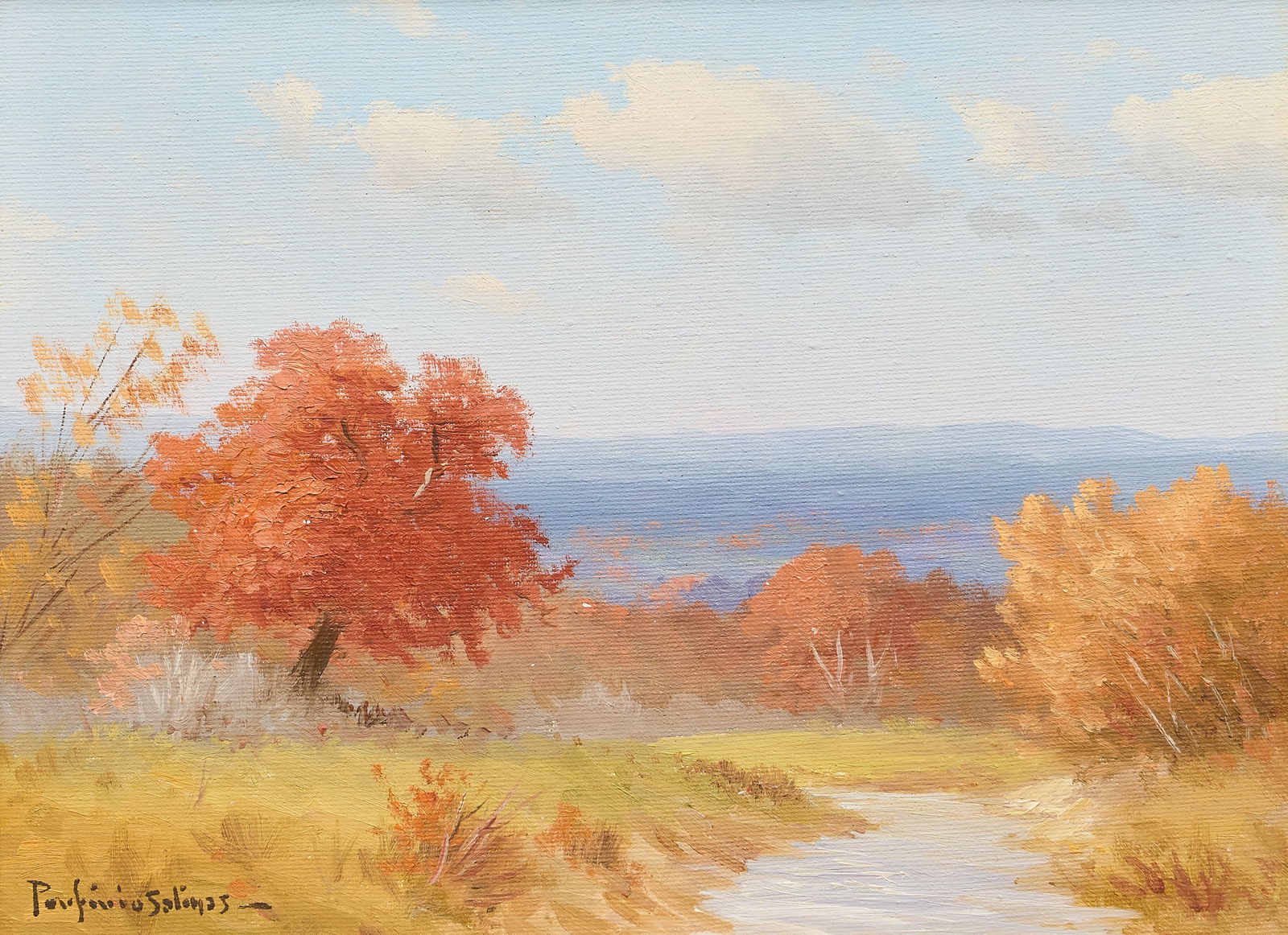 Porfirio Salinas, Texas Road in Autumn: Porfirio Salinas (Texas, 1910-1973), dirt road in autumn, oil on canvas, signed lower leftsight: 9 x 12 in., frame: 15.5 x 18.5 in.Provenance: Property from a Kerens, Texas