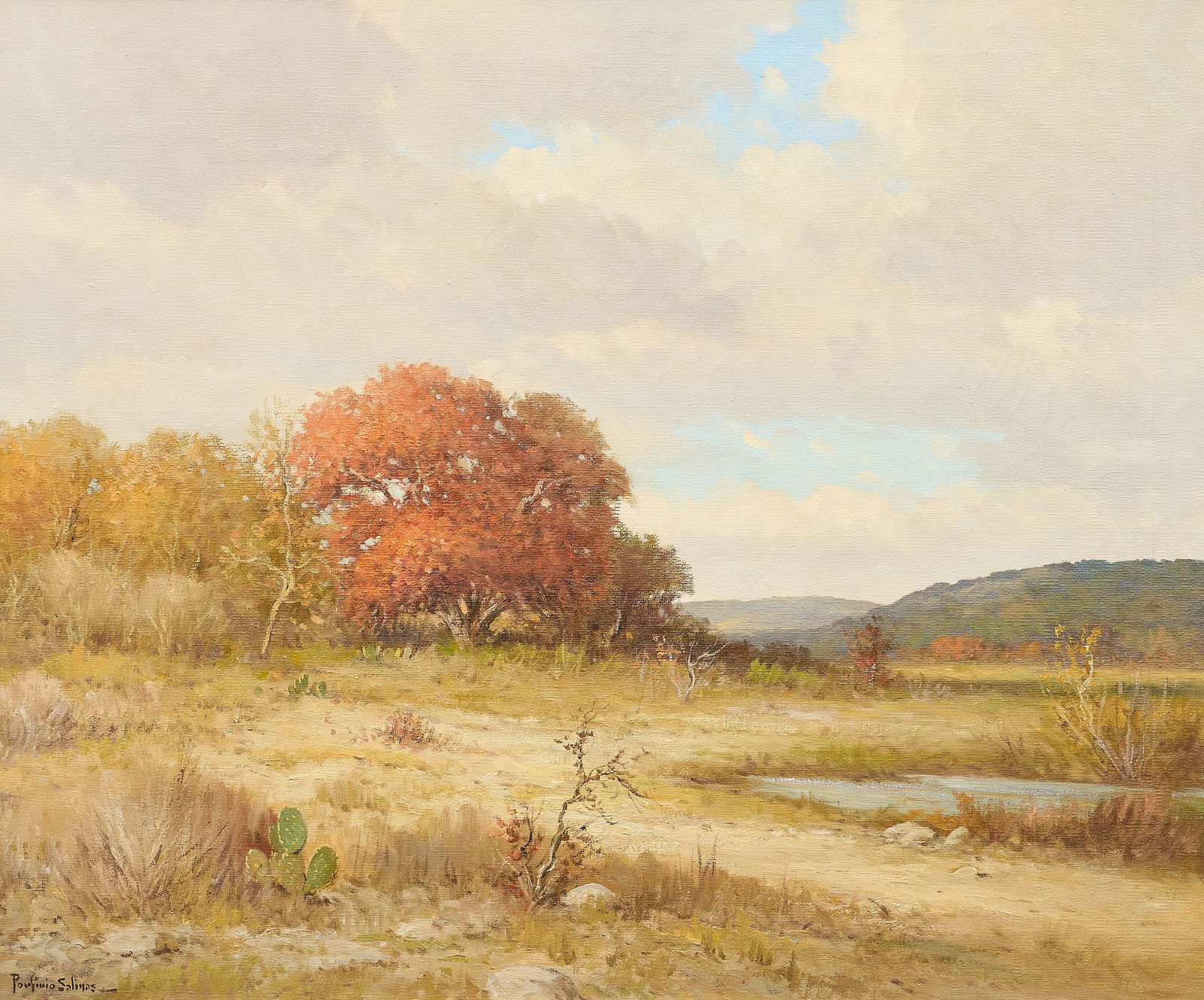 Porfirio Salinas, Autumn Landscape: Porfirio Salinas (Texas, 1910-1973), Hill Country autumn landscape with cactus and oak tree, oil on canvas, signed lower leftsight: 25 x 30 in., frame: 30.5 x 35.5 in.Provenance: Property from a