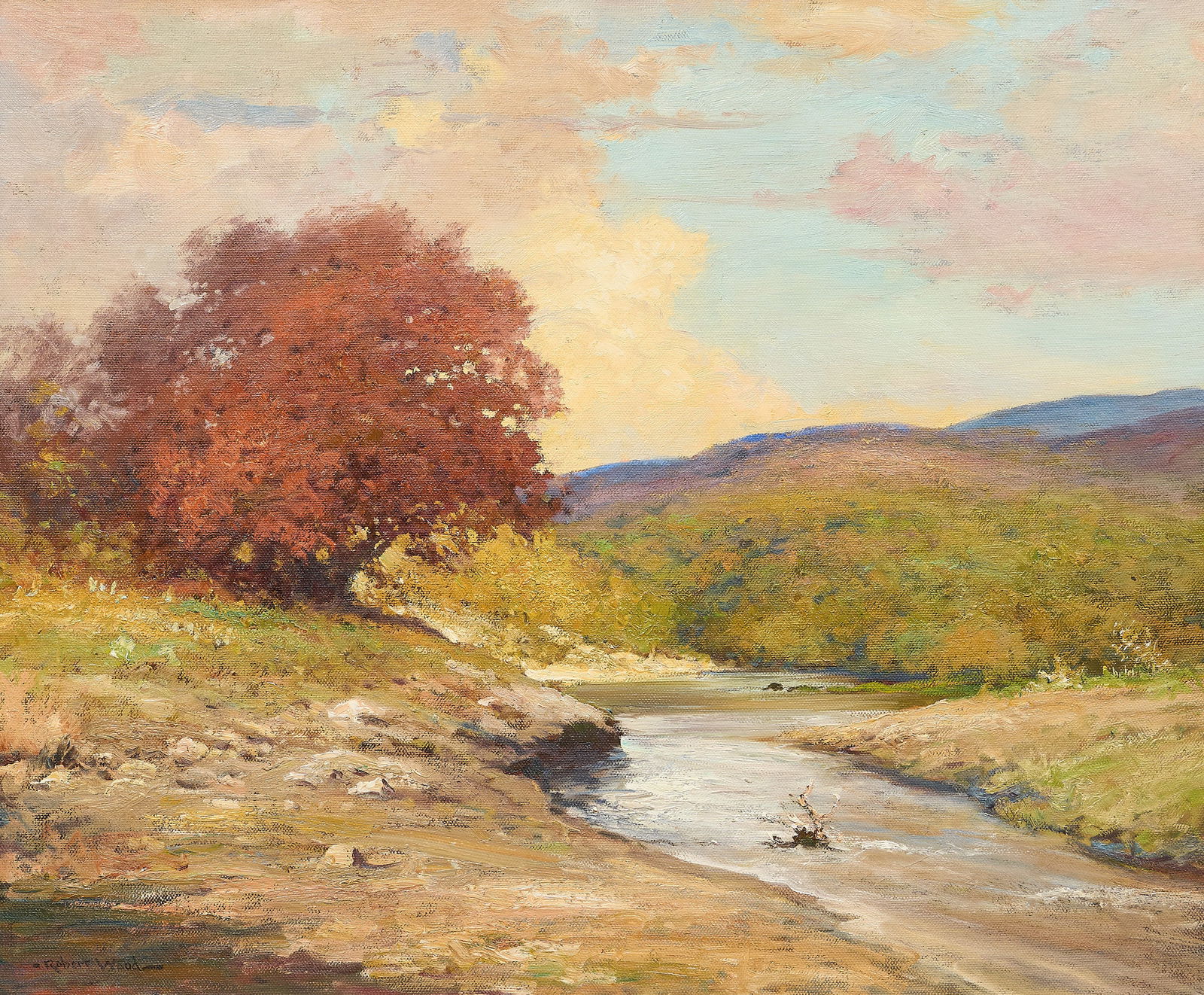 Robert Wood, "After a Shower": Robert Wood (Texas / California, 1889-1979), "After a Shower", oil on canvas, signed lower left, titled on the versosight: 25 x 30 in., frame: 32.5 x 37 in.Provenance: Property