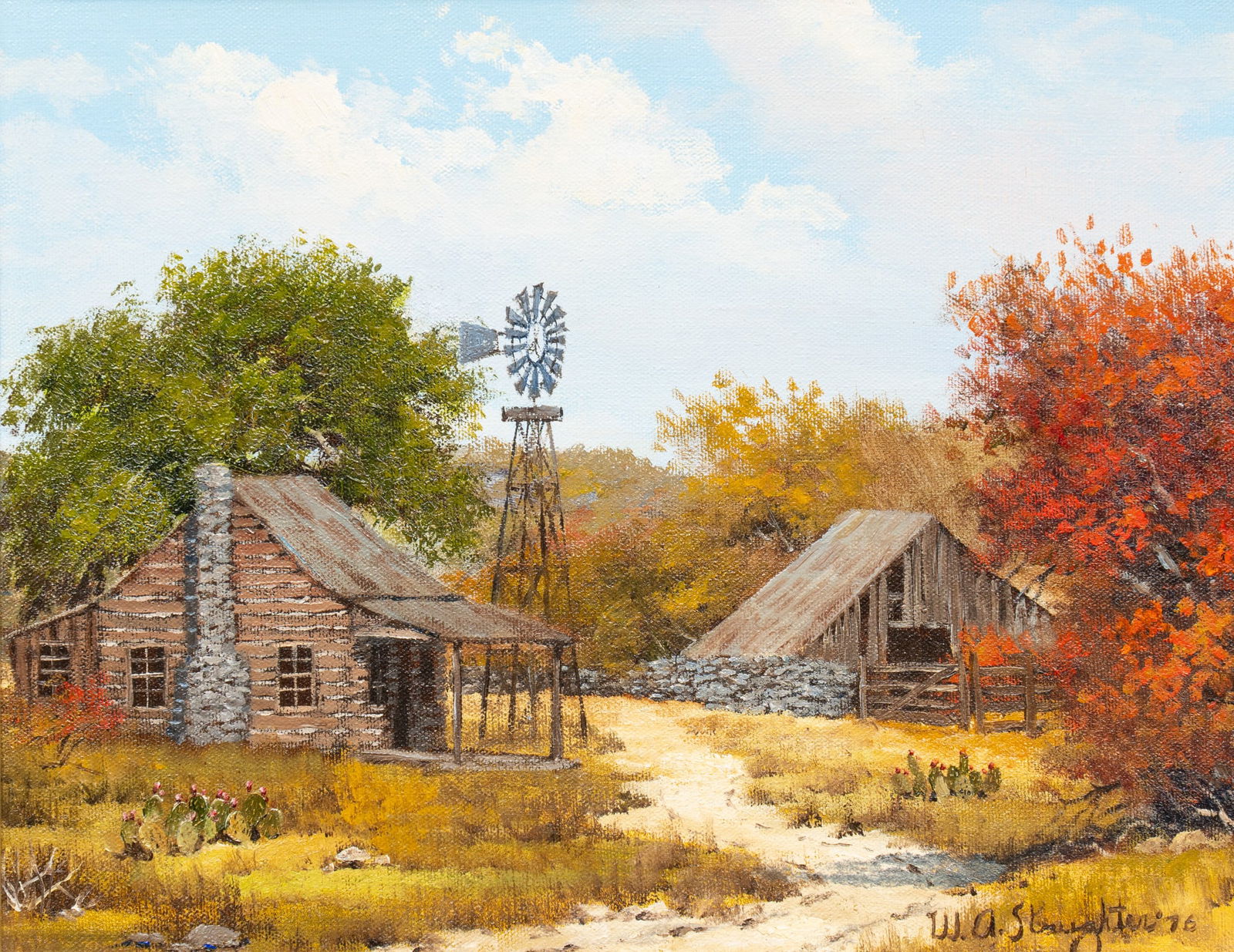 William Slaughter, Fall Landscape with Windmill, 1976: William A. Slaughter (Texas, 1923-2003), Hill Country scene with windmill and ranch structures, oil on canvas, signed and dated lower right, 1976sight: 11 x 14 in., frame: 18 x 21 in.Provenance: