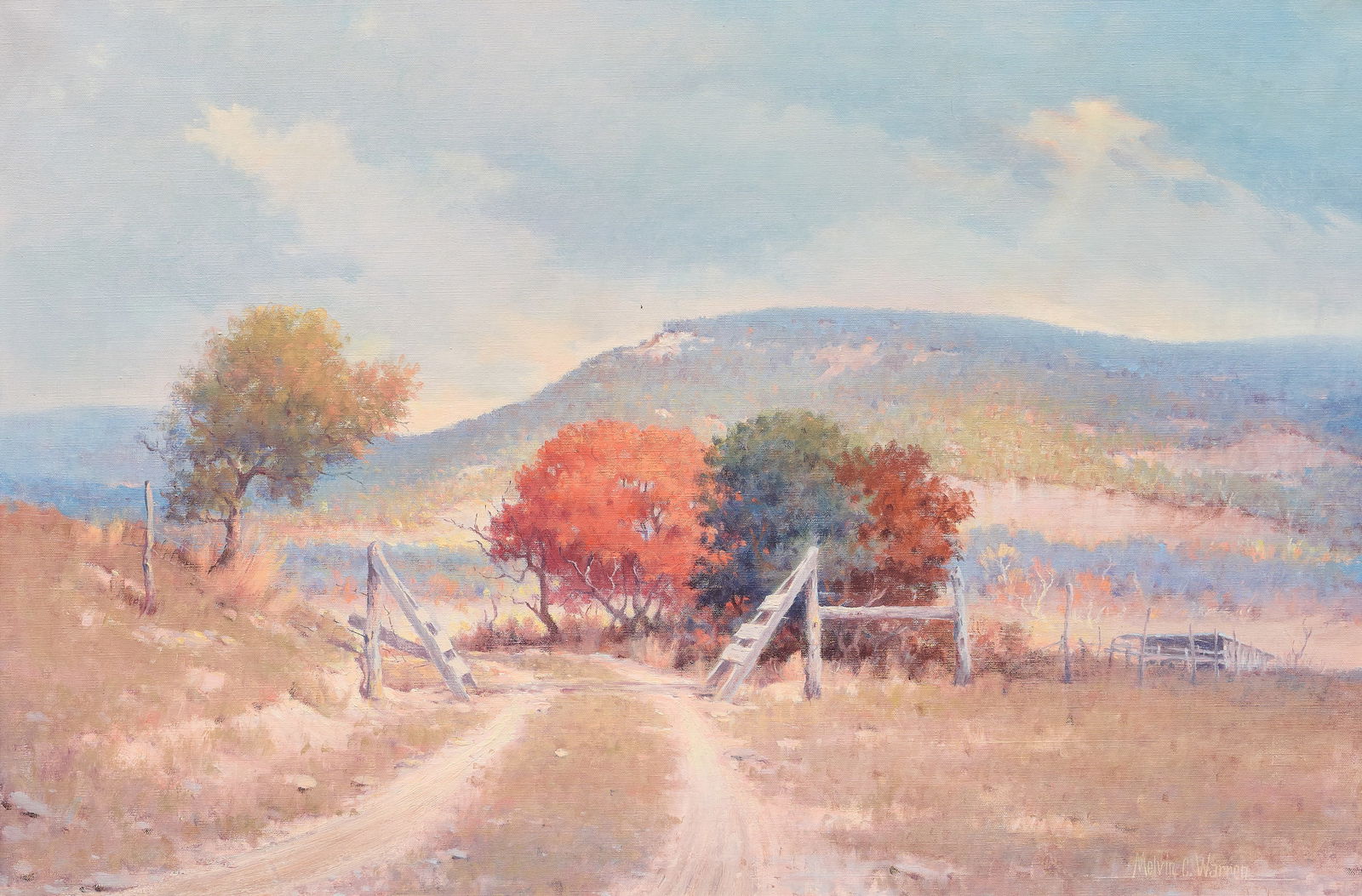 Melvin Warren, Autumn Landscape: Melvin Charles Warren (Texas / California, 1920-1995), Texas autumn landscape, oil on canvas, signed lower rightsight: 24 x 36 in., frame: 30 x 42 in.Provenance: Property from a