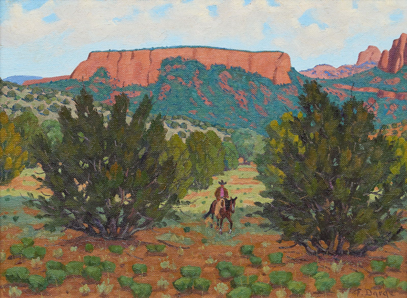 Fred Darge, "The Lone Rider": Fred Darge (Texas, 1900-1978), "The Lone Rider", oil on canvas panel, signed lower right, inscribed with "'The Lone Rider' (Red Rock Country, Sedona, Arizona)"