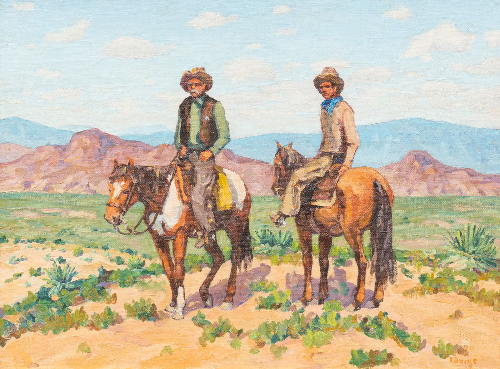 Fred Darge, Two Cowboys: Fred Darge (Texas, 1900-1978), two men on horseback in the Southwest desert, one wearing silver star badge, oil on canvas panel, signed lower right sight: 12 x 16 in., frame: 16 x 20 in. Provenan