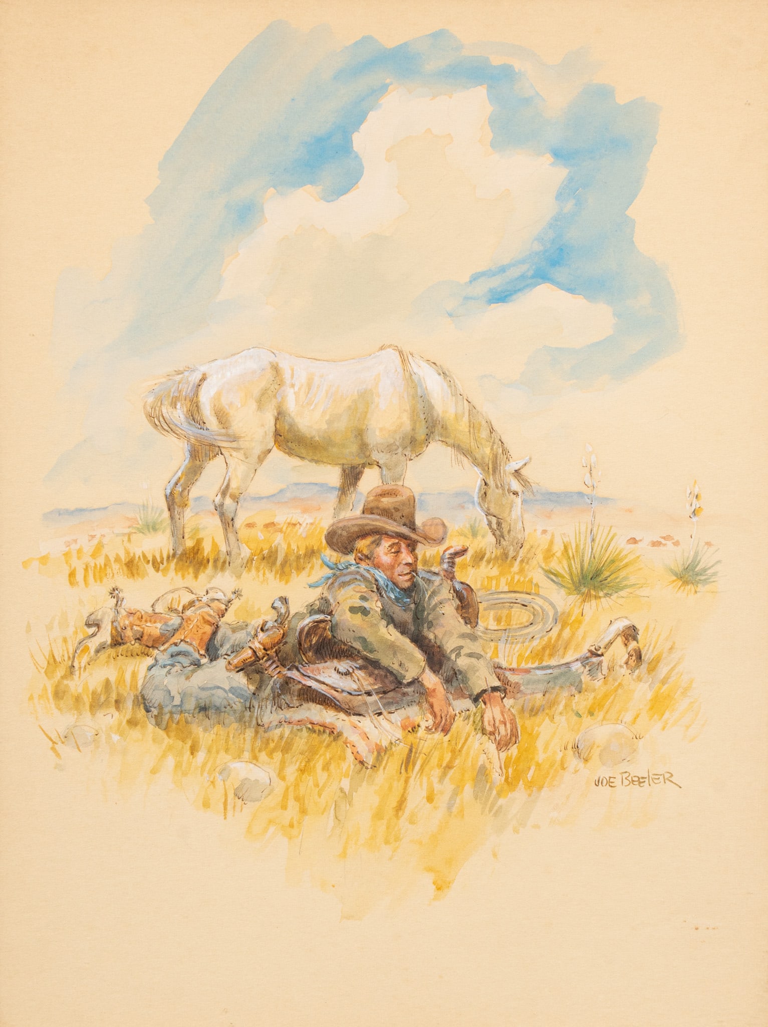 Joe Beeler, Cowboy Napping Watercolor (1 of 5)