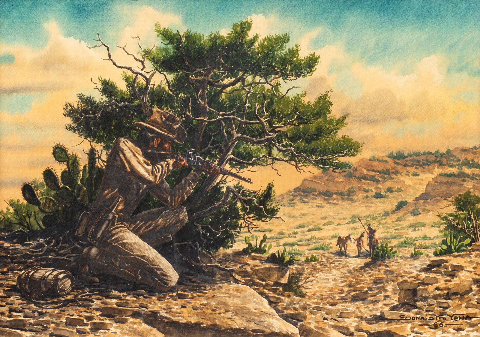Donald Yena, Sharpshooter and Trackers, 1966: Donald M. Yena (Amer., b. 1933), man in buckskin aiming at Native Americans tracking him, watercolor on illustration board, signed and dated lower right, 1966, stamped on the verso with artist