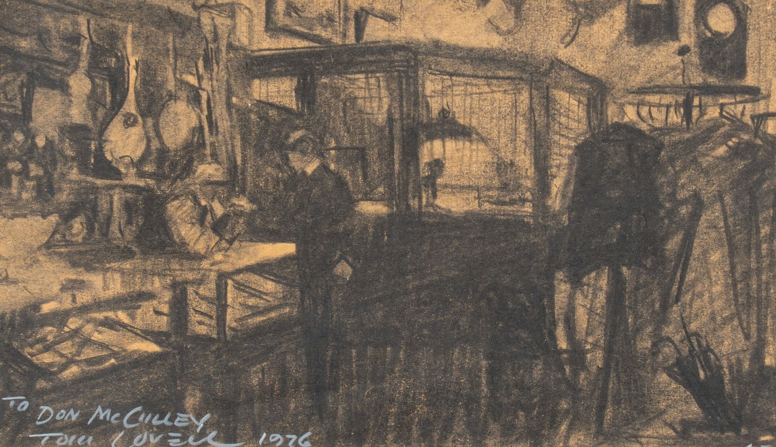 Tom Lovell, "Shopping", 1976: Tom Lovell (New York / New Mexico, 1909-1997), "Shopping", charcoal scene, signed and dated lower left, 1976, inscribed to Dallas art dealer and collector Don McCullysight: 3.5 x 6