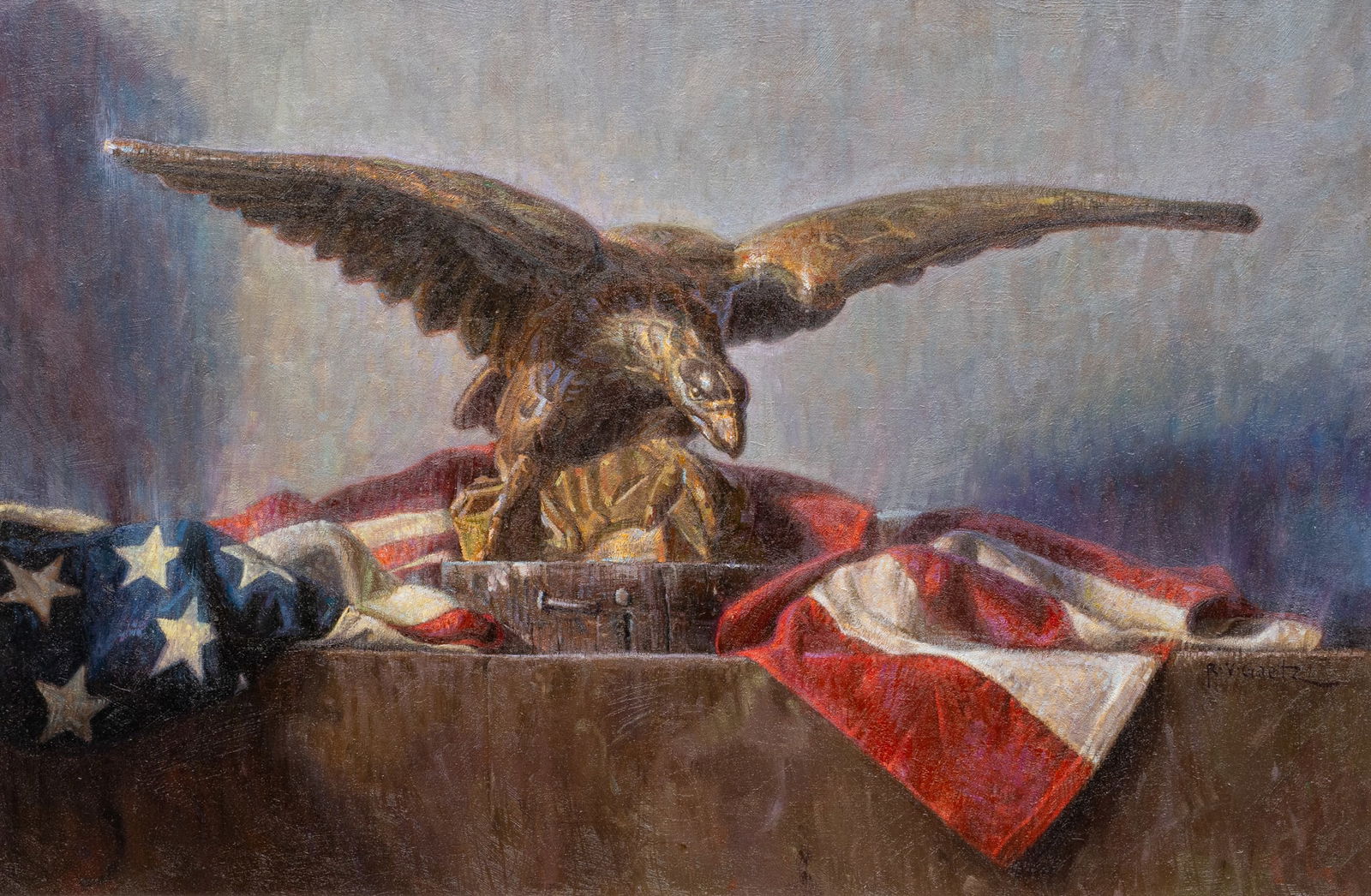 Richard V. Goetz, “The American: Richard Vernon Goetz (Oklahoma / New York, 1915-1991), “The American”, oil on panel, signed lower right; with brass plaque on the frame specifying "Honorable Mention: A. A. P.