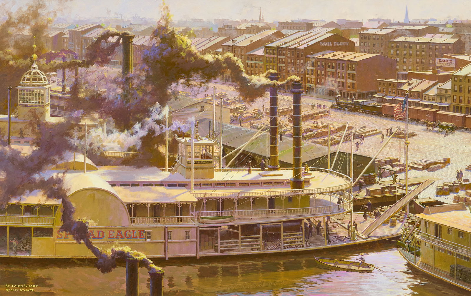 Robert Sticker, "St. Louis Wharf": Robert Sticker (Amer., 1922-2011), "St. Louis Wharf", oil on panel, signed and titled lower leftsight: 21 x 33 in., frame: 29.5 x 41.5 in.Provenance: Property deaccessioned from a major