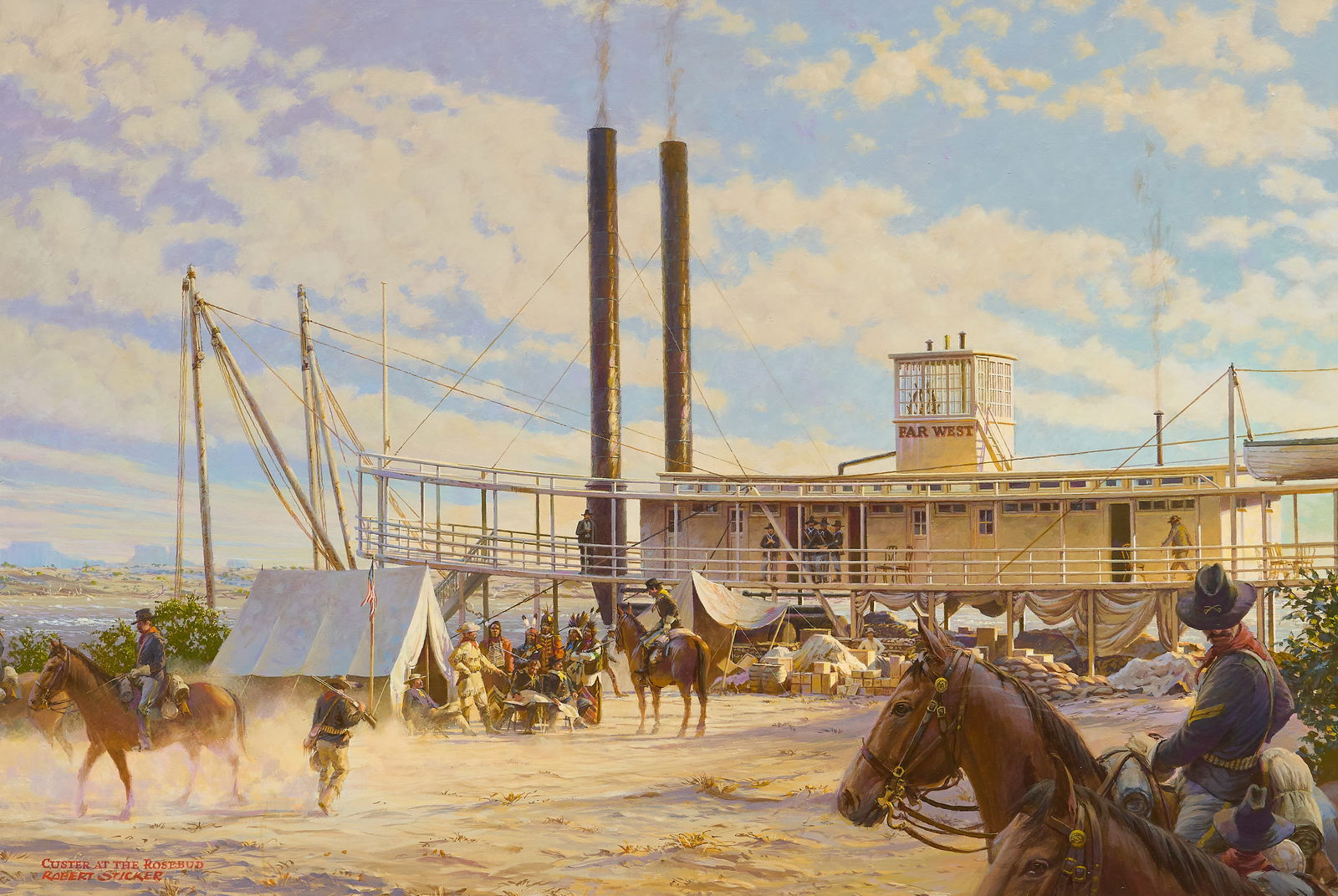 Robert Sticker, "Custer at the Rosebud": Robert Sticker (Amer., 1922-2011), "Custer at the Rosebud", oil on panel, signed and titled lower left, with brass plaque reading "Far West"sight: 21 x 31 in., frame: 29.5 x 39.5