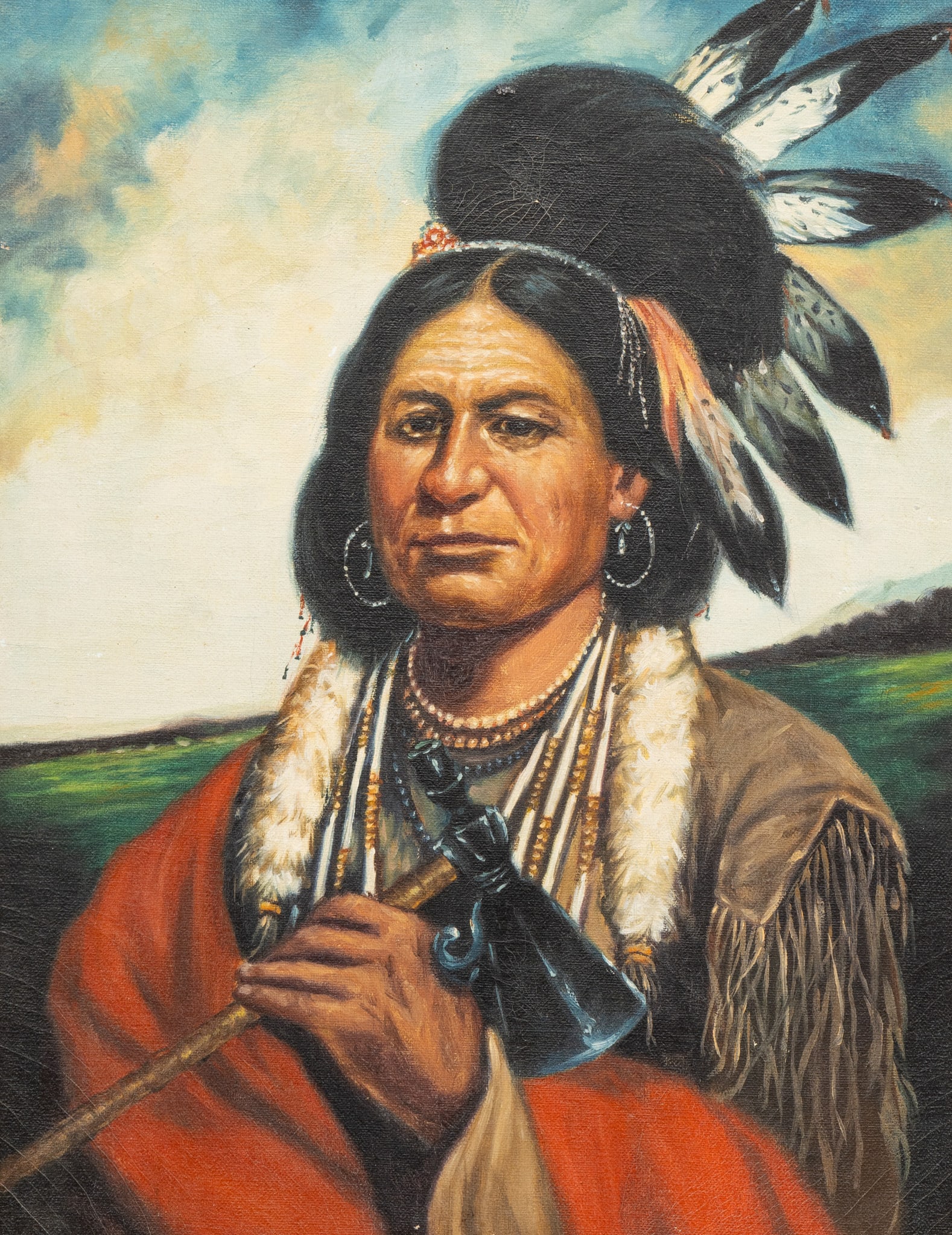 After Henry H. Cross, Chief Lone Wolf: Circa 19th century, hand painted copy of Henry Herman Cross's portrait of Chief Lone Wolf (which hangs in the Gilcrease Museum in Tulsa Oklahoma); oil on canvas, appears not