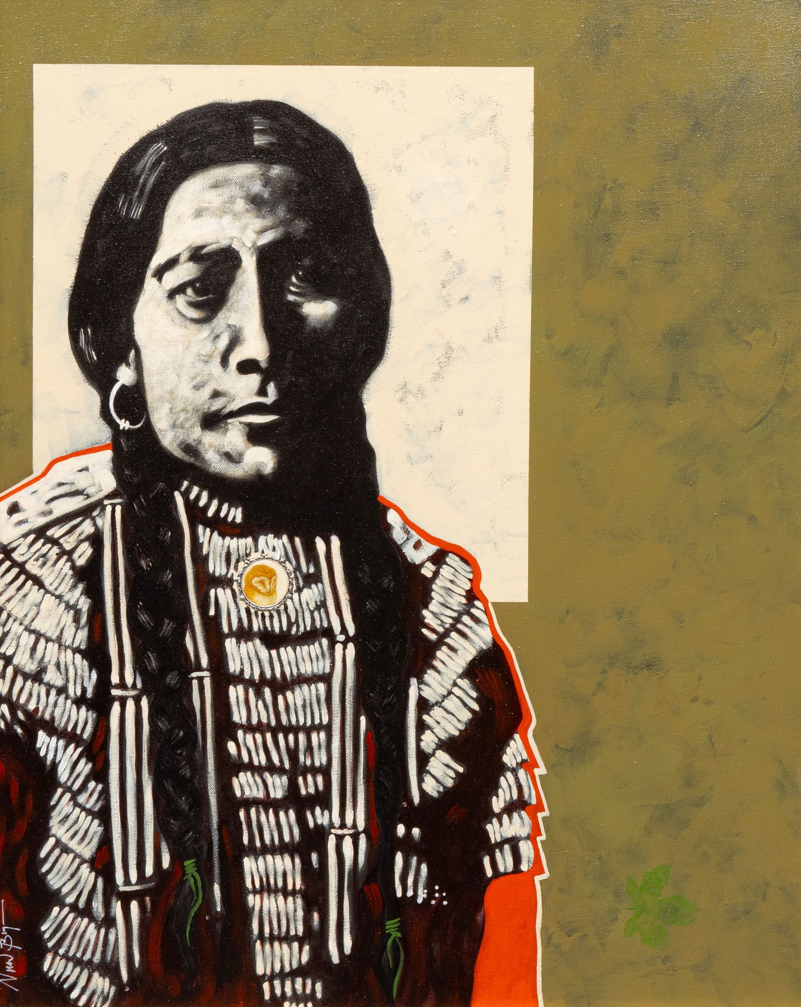 Nocona Parker Burgess, "Owl Mother": Nocona Parker Burgess (Oklahoma / New Mexico, b. 1969), "Owl Mother", oil on canvas with applied owl brooch, signed vertically at lower leftsight: 30 x 24 in., frame: