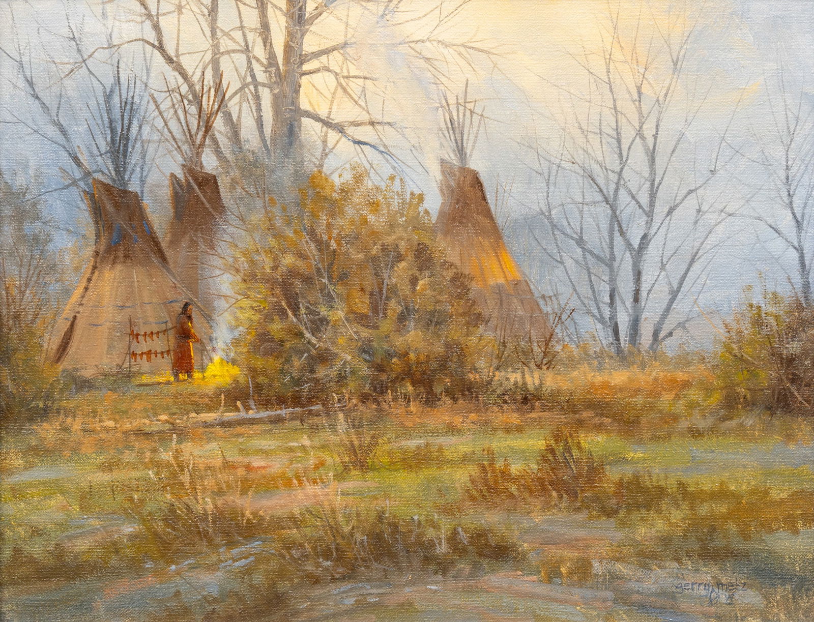 Gerry Metz, "Peaceful Morning": Gerry Michael Metz (American, 1943-2018), "Peaceful Morning", oil on canvas laid to wood panel, signed lower right, inscribed on the verso with signature, title, and