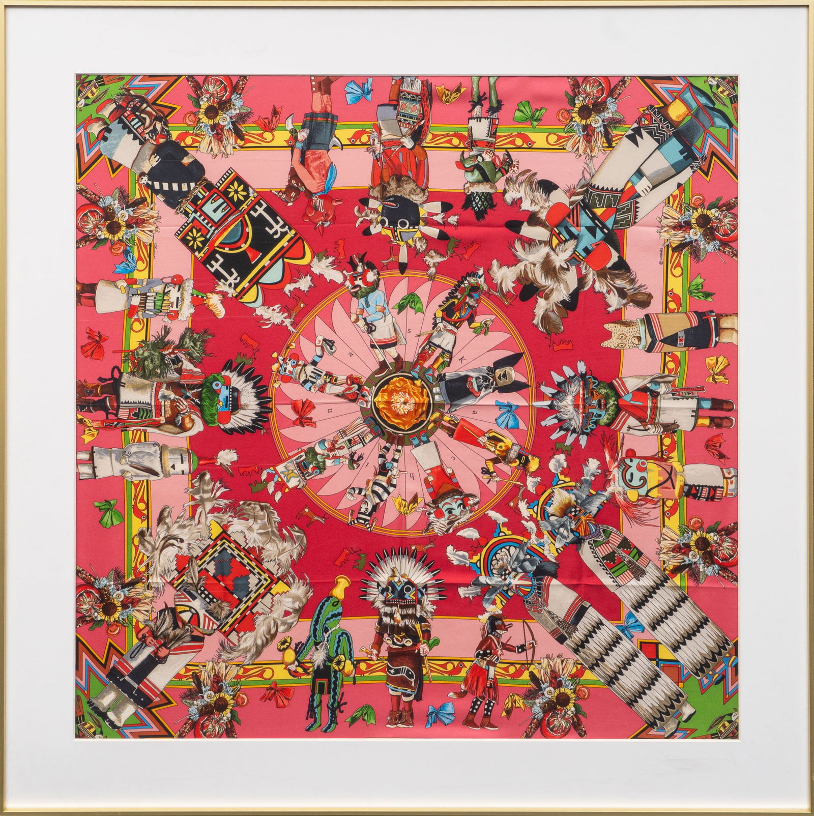 Kermit Oliver / Hermes, "Kachinas": Kermit Oliver (Texas, b. 1943) designing for Hermès Paris, "Kachinas", silk square scarf, hot pink colorway, hand-rolled and stitched edges, framed Condition AA; perfect condition, ap