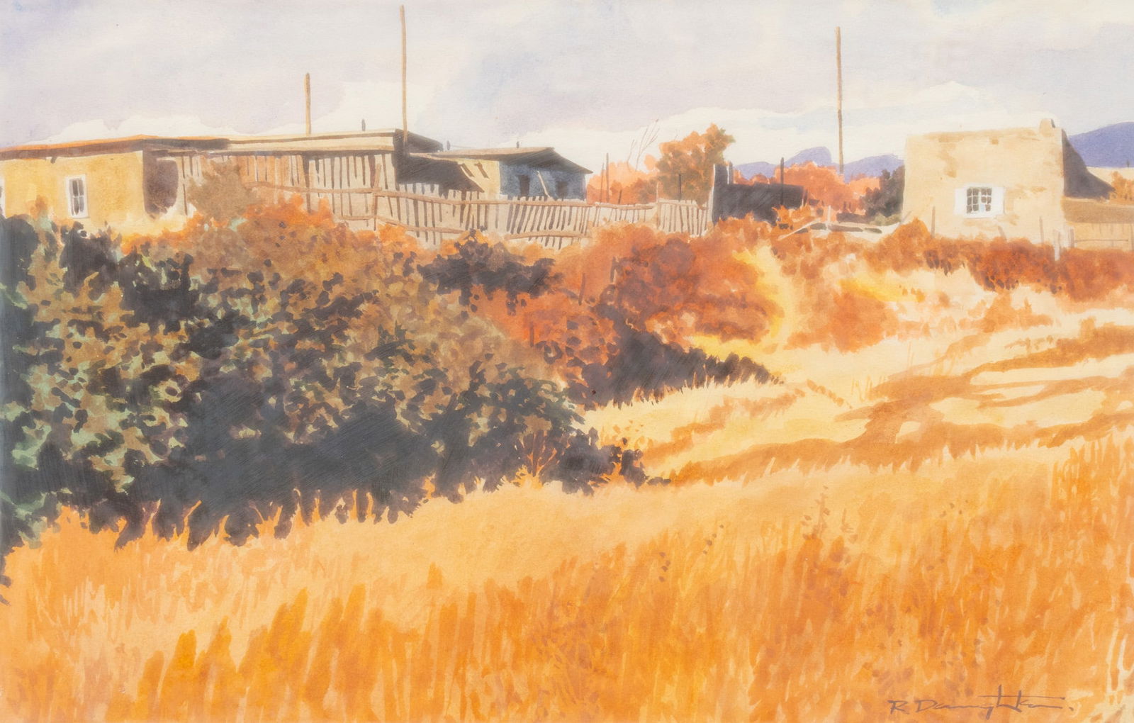 Robert Daughters, Southwestern Landscape: Robert Daughters (New Mexico / Arizona, 1929-2013), Southwestern landscape with adobe, circa 1960s, signed lower right, inscribed "Albuquerque" on the verso sight: 13 x 20 in., frame: 2