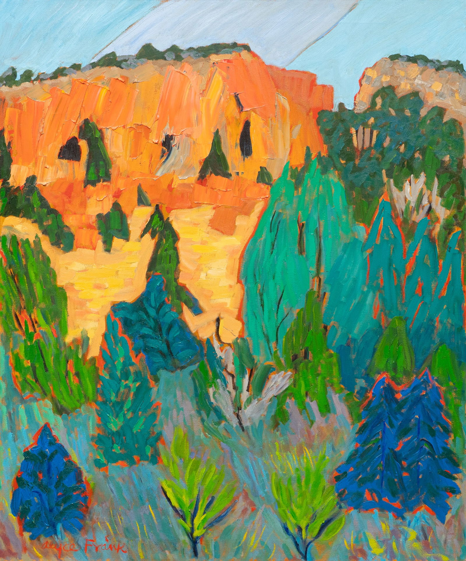Alyce Frank, "Sankawi Cliffs": Alyce Frank (New Mexico, 1932-2024), "Sankawi Cliffs", oil on linen, signed lower left, inscribed on the verso with "#489 / Sankawi Cliffs / Alyce Frank"sight: 36 x 30 in.,
