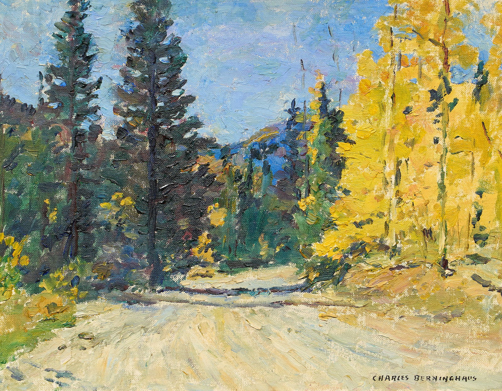 Charles Berninghaus, Dirt Road and Pines Near Taos: Charles Berninghaus (New Mexico, 1905-1988), dirt road and pines near Taos, oil on canvas panel, signed lower rightsight: 12 x 16 in., frame: 19 x 22.5 in.Provenance: Property from the