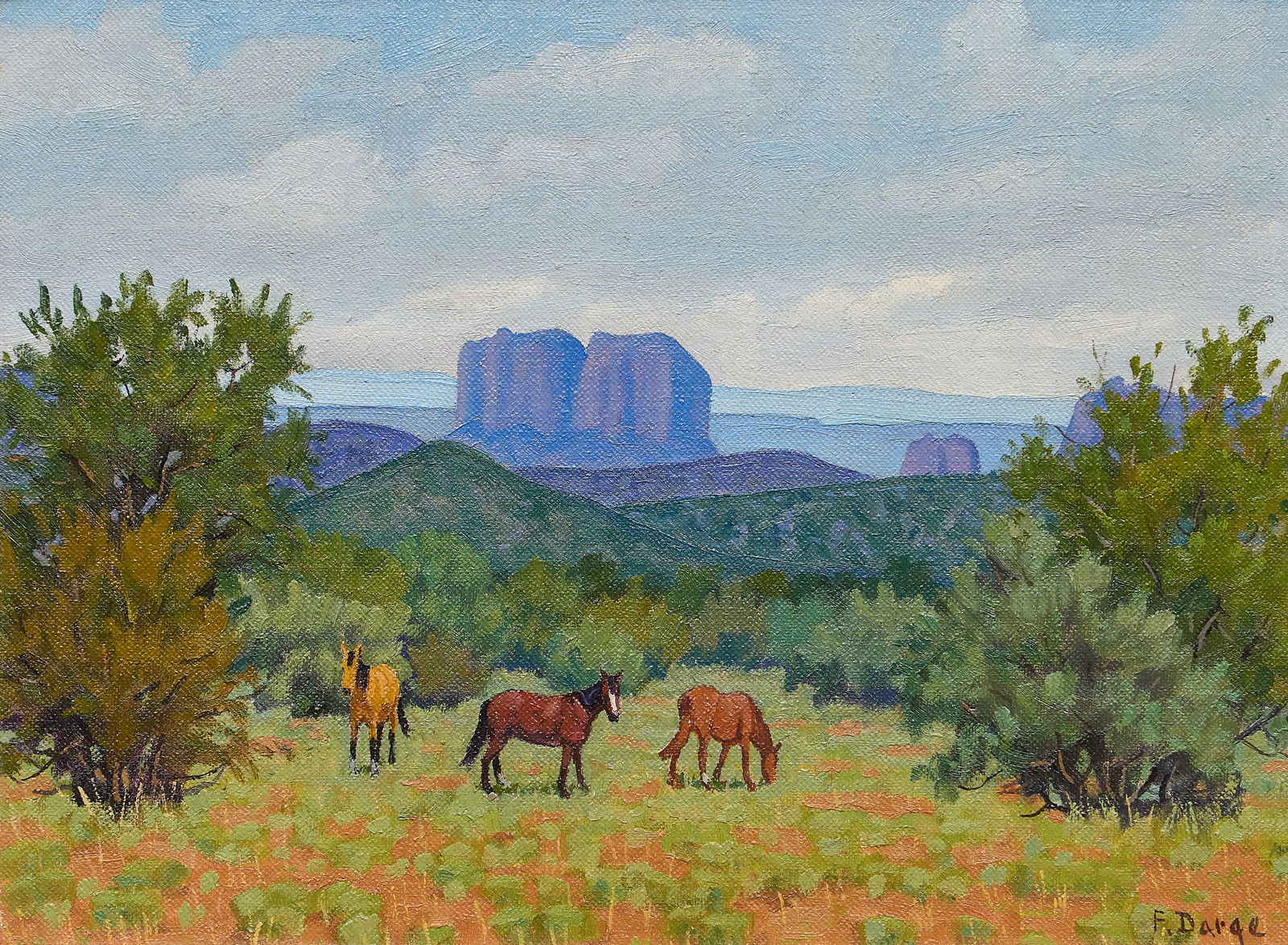 Fred Darge, "A Gray Day": Fred Darge (Texas, 1900-1978), "A Gray Day", oil on canvas panel, signed lower right, inscribed "'A Gray Day' (Sedona, Arizona)" on the versosight: 9 x