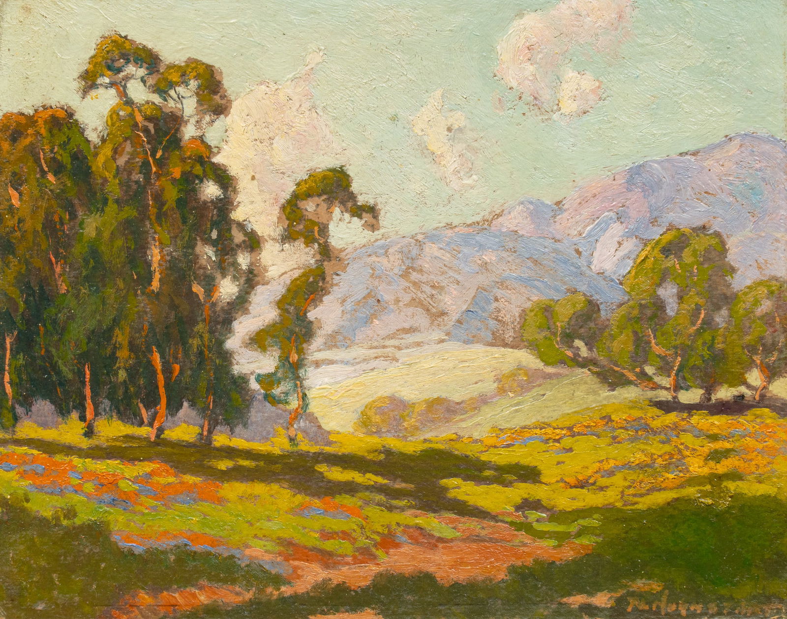 Peter Hohnstedt, California Landscape: Peter Lanz Hohnstedt (Texas, 1871-1957), California landscape with eucalyptus trees and mountains, oil on panel, signed lower rightsight: 8 x 10 in., frame: 14 x 16 in. Provenance: Property