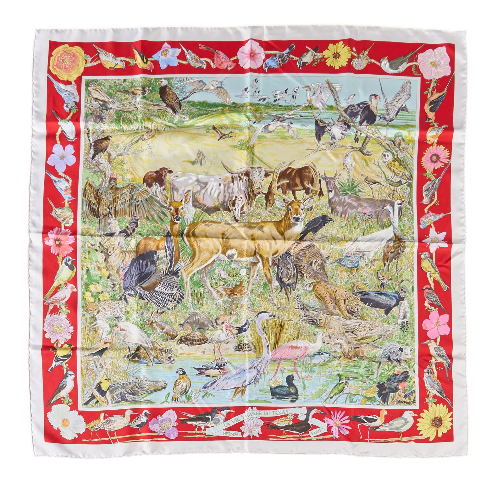 Kermit Oliver / Hermes, "La Vie Sauvage du Texas": Kermit Oliver (Texas, b. 1943) designing for Hermes Paris, "La Vie Sauvage du Texas" (wildlife of Texas) silk scarf in cherry red and cream colorway, featuring graphic motifs of Texan w