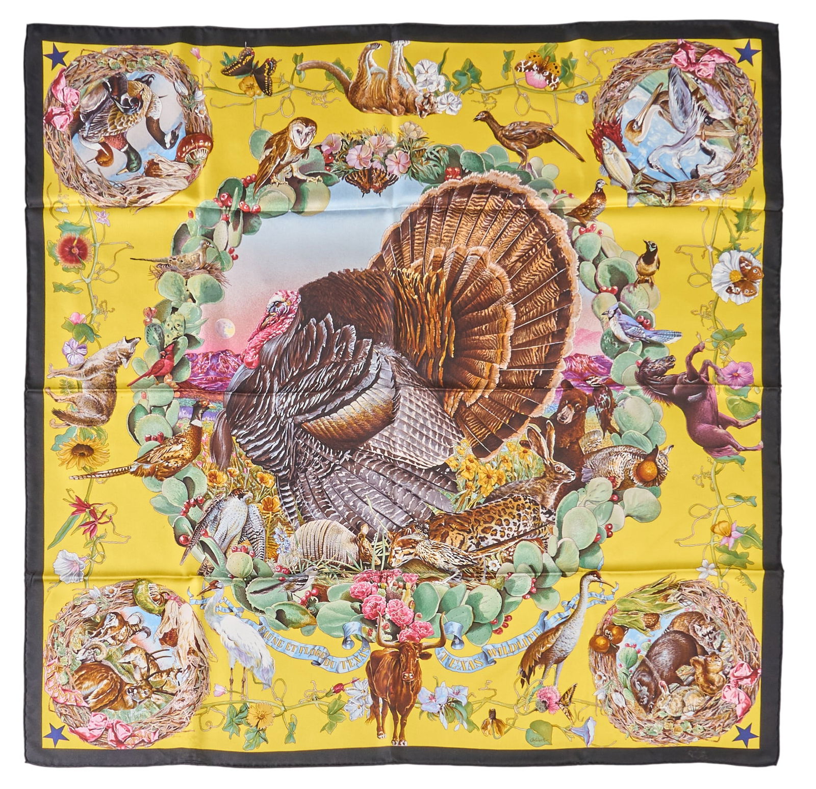 Kermit Oliver / Hermes, "Faune et Flore du Texas": Kermit Oliver (Texas, b. 1943) designing for Hermès Paris, "Faune et Flore du Texas", silk square scarf, yellow and black colorway, hand-rolled and stitched edges, with original