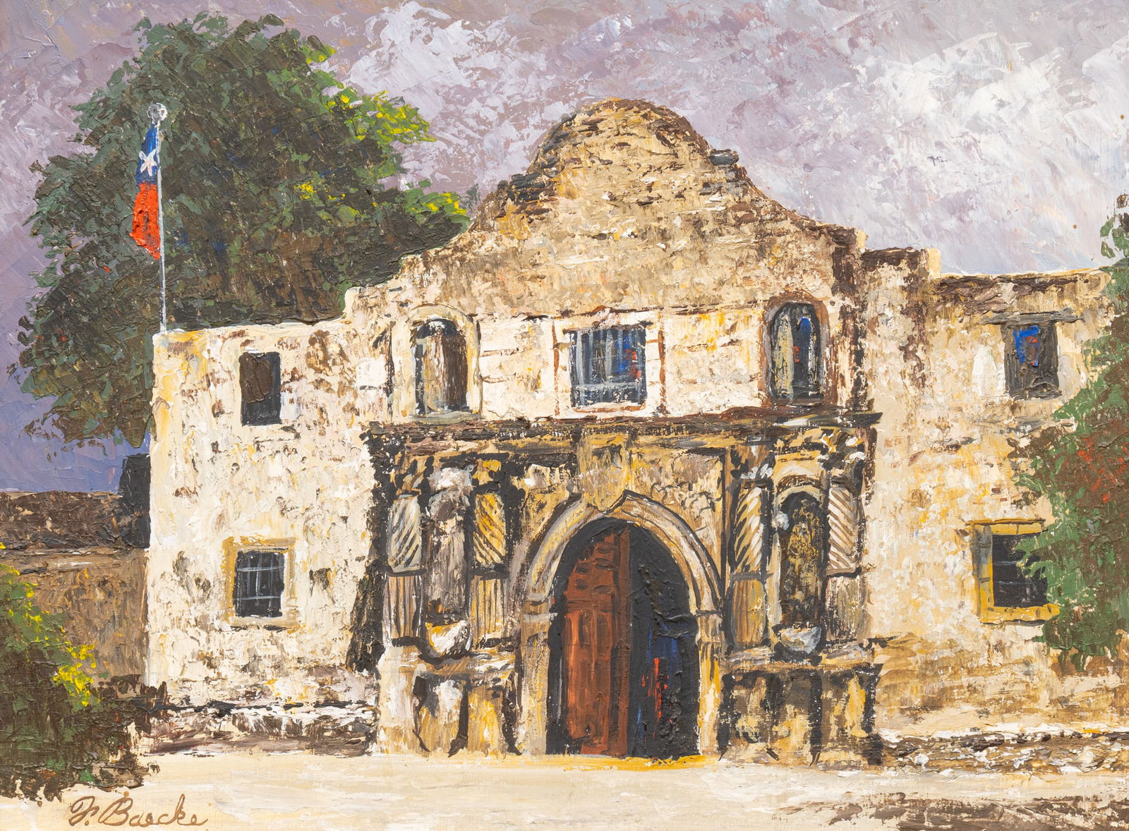 Florent P. Baecke, "The Alamo": Florent P. Baecke (Texas, 1922-2016), "The Alamo", oil on panel, signed lower leftsight: 12 x 16 in., frame: 15.5 x 19.5 in.Provenance: Property from a Fort Worth, Texas