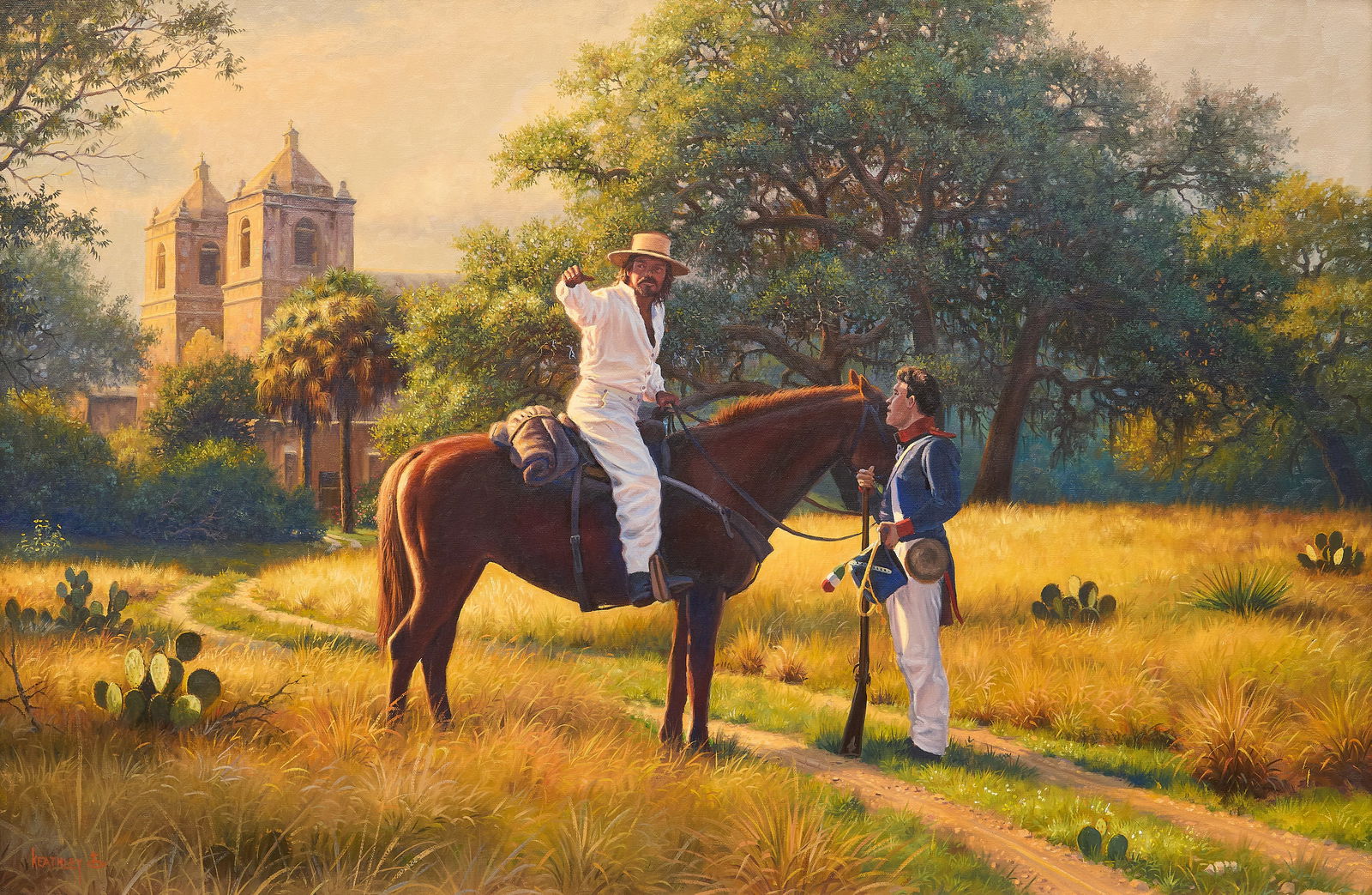 Mark Keathley, Early Texas Scene: Mark Keathley (Texas, b. 1963), two men conferring with Mission Concepcion in the distance, oil on canvas, signed lower leftsight: 24 x 36 in., frame: 34.6 x 46.5 in.Provenance: