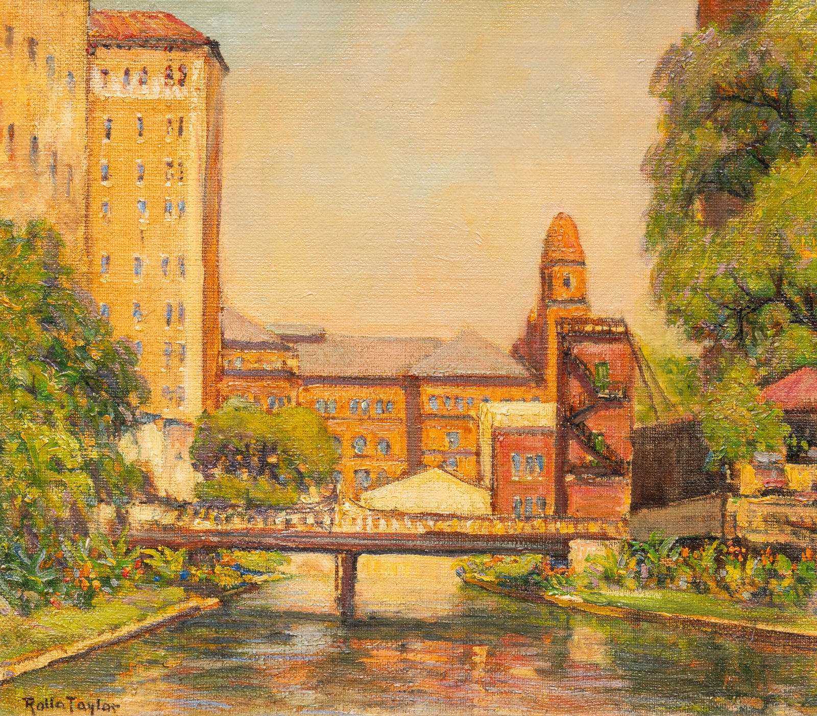 Rolla Taylor, San Antonio River and Courthouse: Rolla Sims Taylor (Texas, 1872-1970), view of the San Antonio River and the Bexar County Courthouse, oil on masonite, signed lower left sight: 14 x 21 in., frame: 20 x 22 in. Provenance: Pro