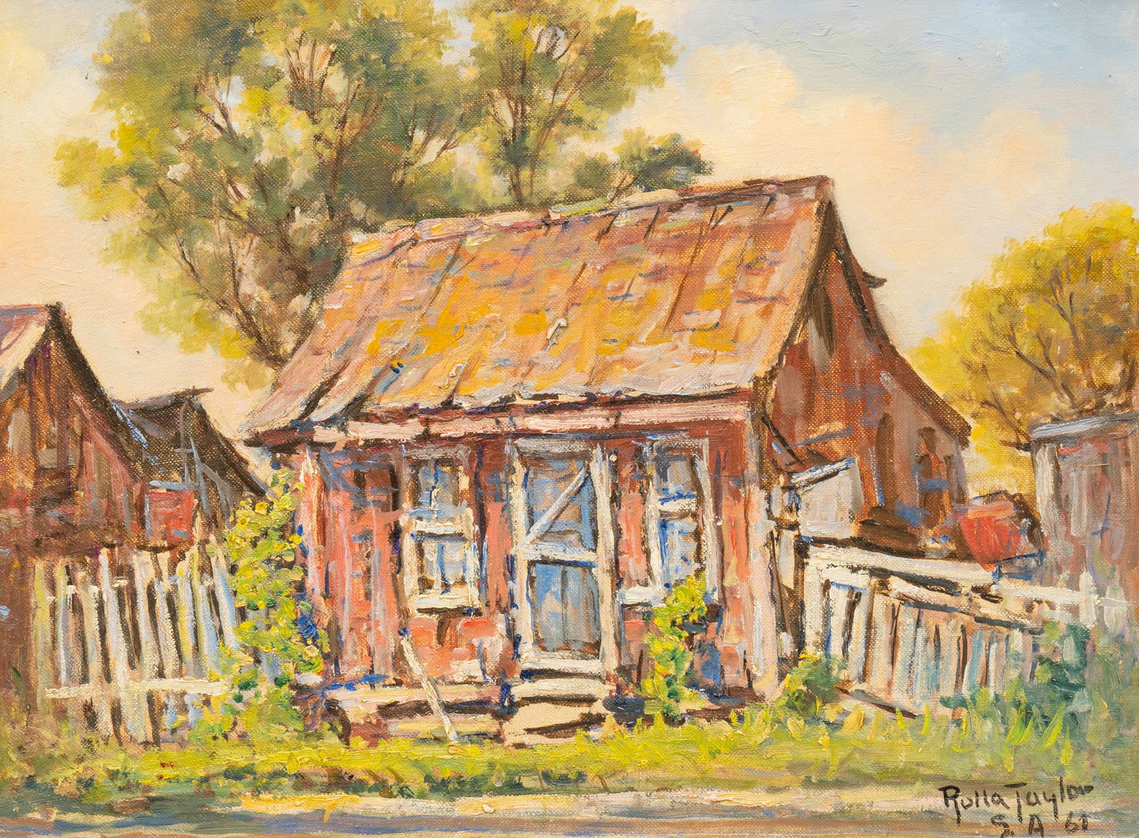 Rolla Taylor, San Antonio Home, 1961: Rolla Sims Taylor (Texas, 1872-1970), San Antonio home potentially in the Irish Flats, oil on canvas panel, signed and dated lower right, 1961sight: 11 x 16 in., frame: 17 x 21