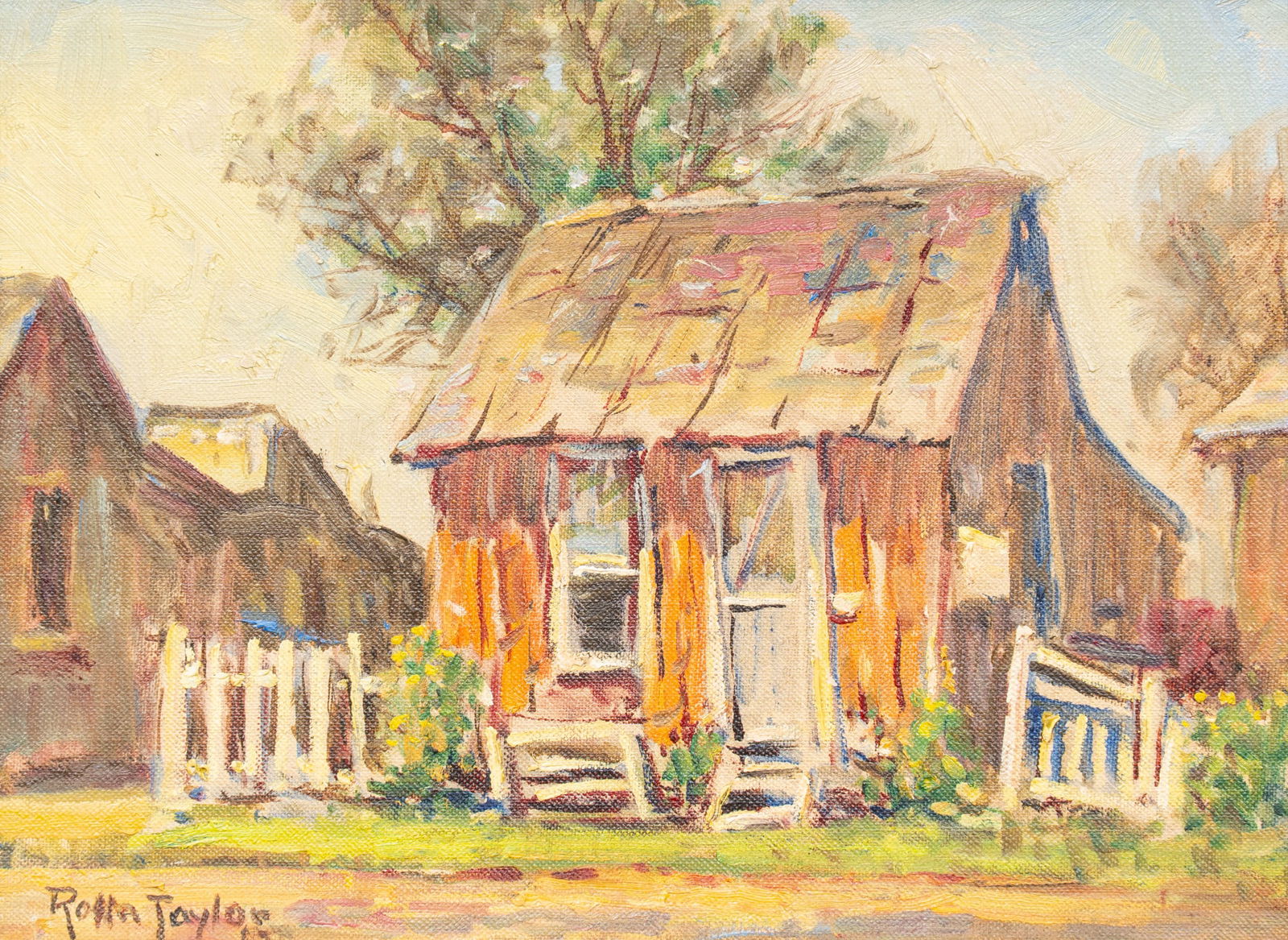 Rolla Taylor, "Little Jacal", 1964: Rolla Sims Taylor (Texas, 1872-1970), "Little Jacal, San Antonio, Texas", oil on canvas, signed and dated lower right, 1964, with artist's note affixed to the versosight: 9 x 12