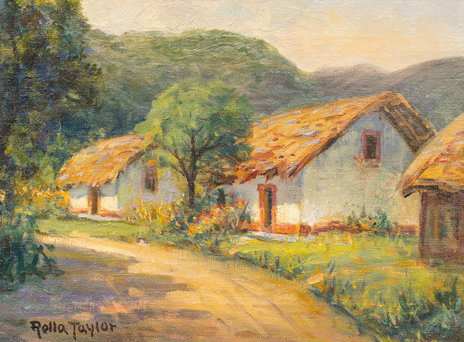 Rolla Taylor, Mexico Scene: Rolla Sims Taylor (Texas, 1872-1970), bamboo huts with mountains in distance, oil on canvas, signed lower leftsight: 12 x 16 in., frame: 18.5 x 22 in.Provenance: Property from a home in New