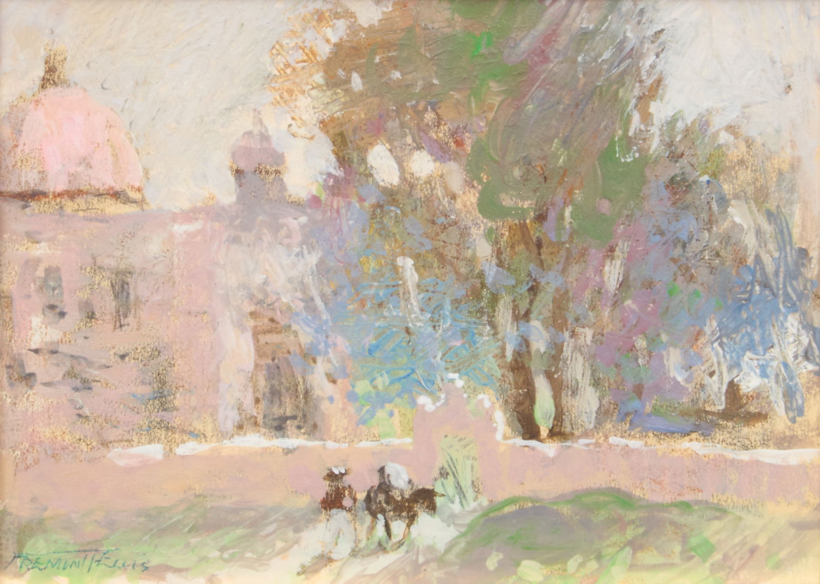 Fremont Ellis, Church Scene: Fremont F. Ellis (New Mexico / California, 1897-1985), view of man with pack mule entering church grounds, mixed media on paper, signed lower leftsight: 6 x 8 in., frame: