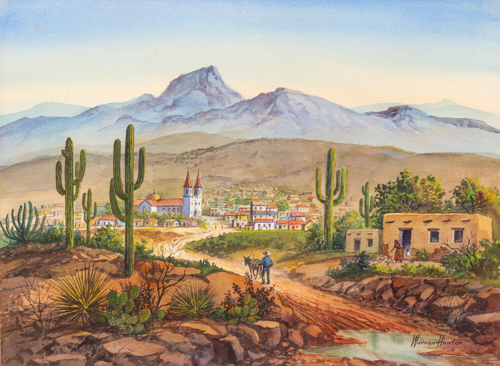 Warren Hunter, Mexican Village Scene: Warren Hunter (San Antonio, Texas, 1904-1993), Mexican landscape with view of village and mountains, watercolor on watercolor paper, signed lower rightsight: 21 x 29 in., frame: 28.5 x