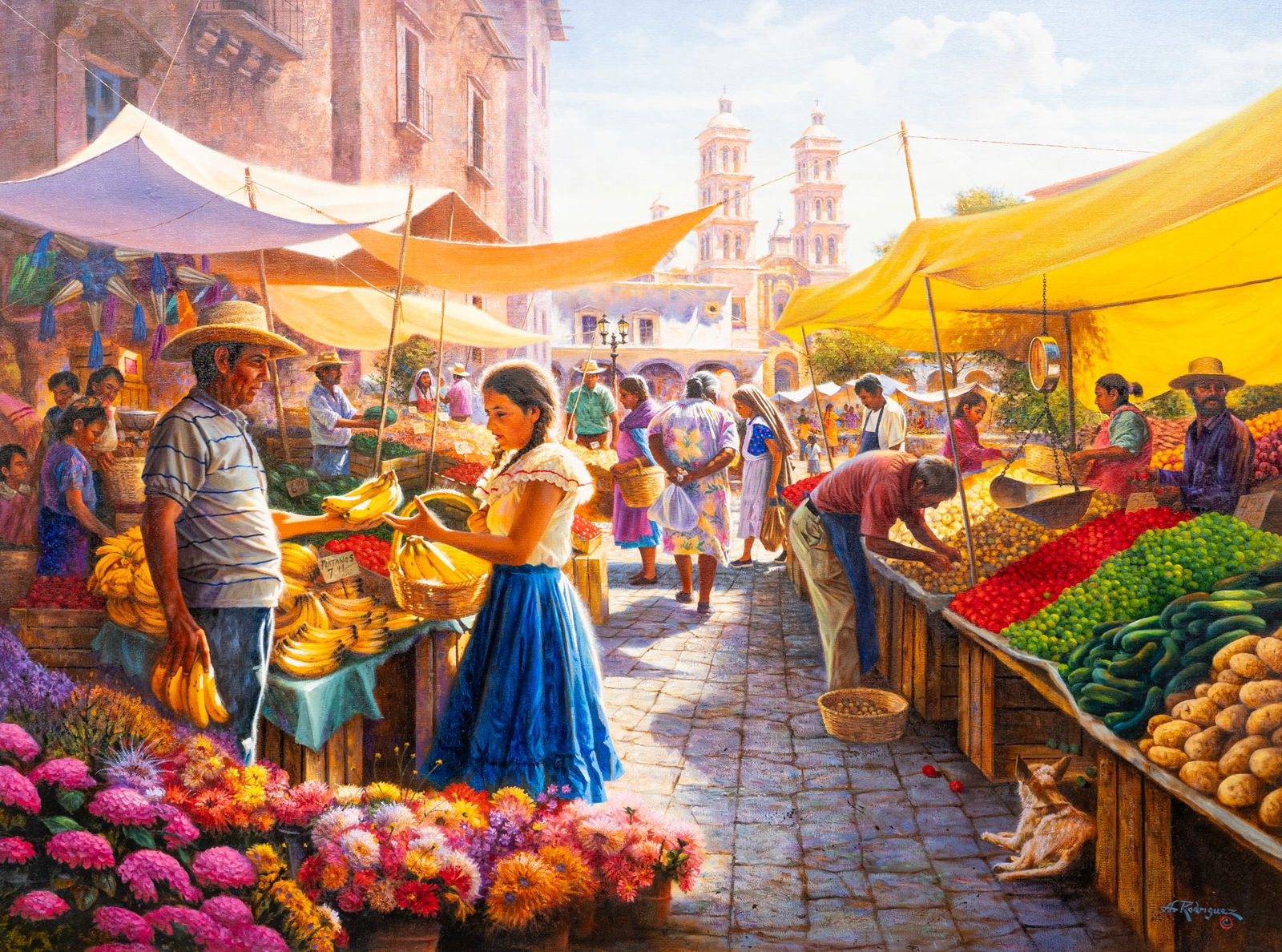 Alfredo Rodriguez, "Colores del Mercado", 2001: Alfredo Rodriguez (Mexico / California, b. 1954), "Colores del Mercado", oil on canvas, signed lower right, inscribed on the verso with signature, title, and date (2001)sight: