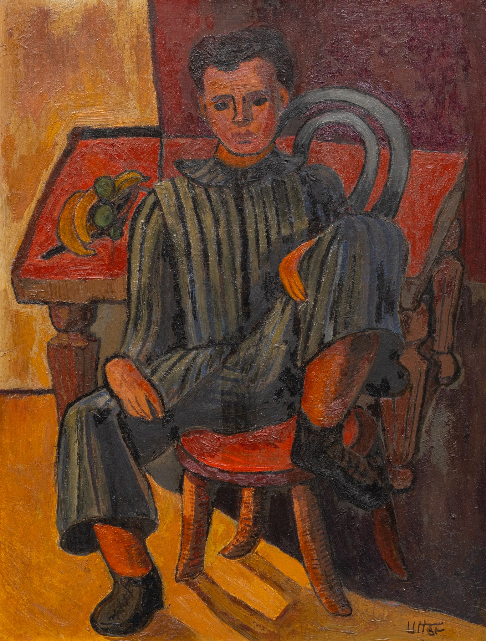 Bror Utter, Seated Harlequin: Bror Alexander Utter (Texas, 1913-1993), seated male in harlequin garb with table and fruit behind, oil on masonite, signed lower rightsight: 22 x 17 in., frame: 28 x 22.5 in.Provenance: