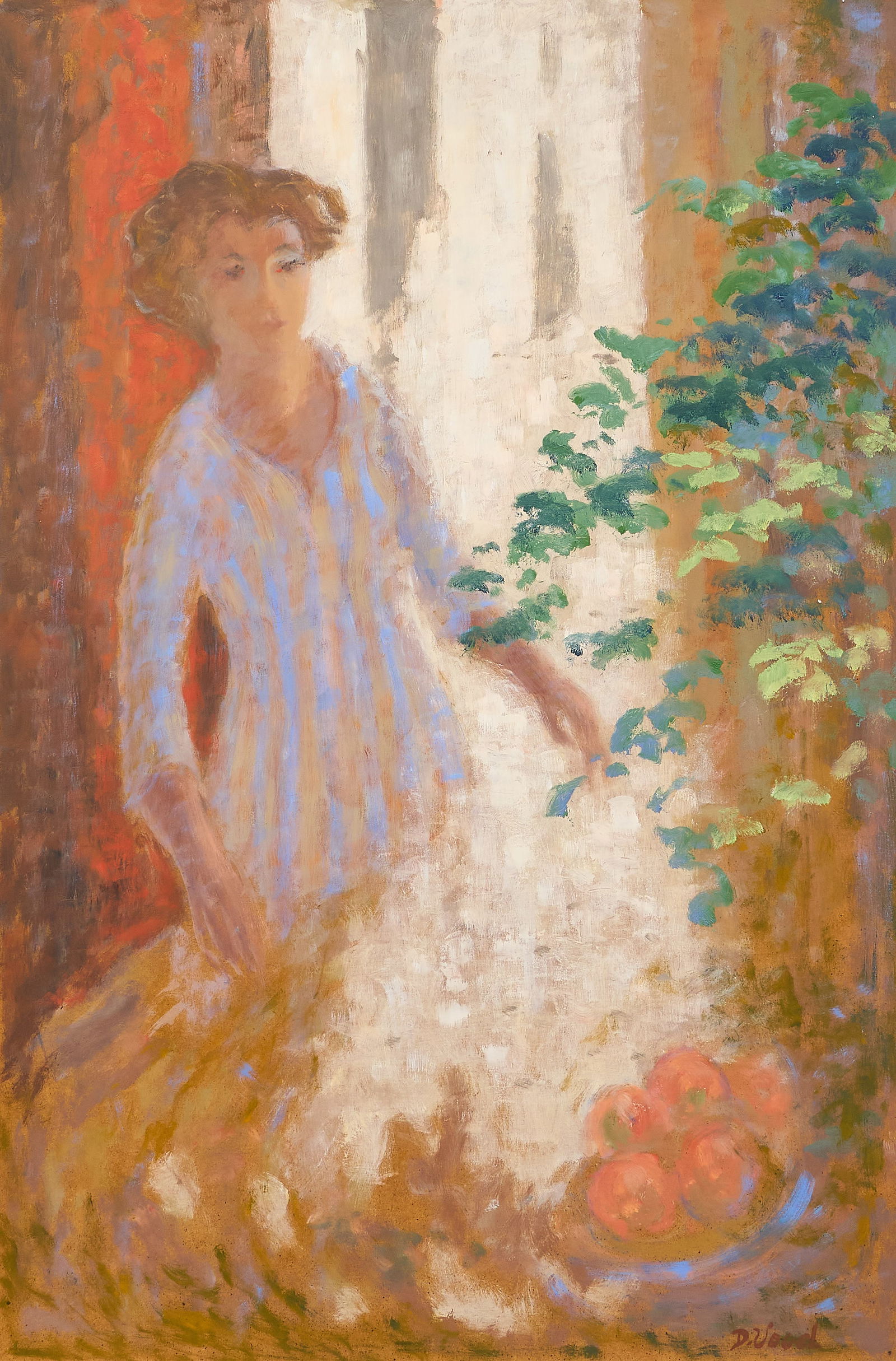 Donald Vogel, Lady in Blue Striped Dress: Donald Stanley Vogel (Texas / Wisconsin, 1917-2004), interior scene with woman in a blue striped dress with a plant and bowl of fruit, oil on panel, signed lower right, and on versosight: