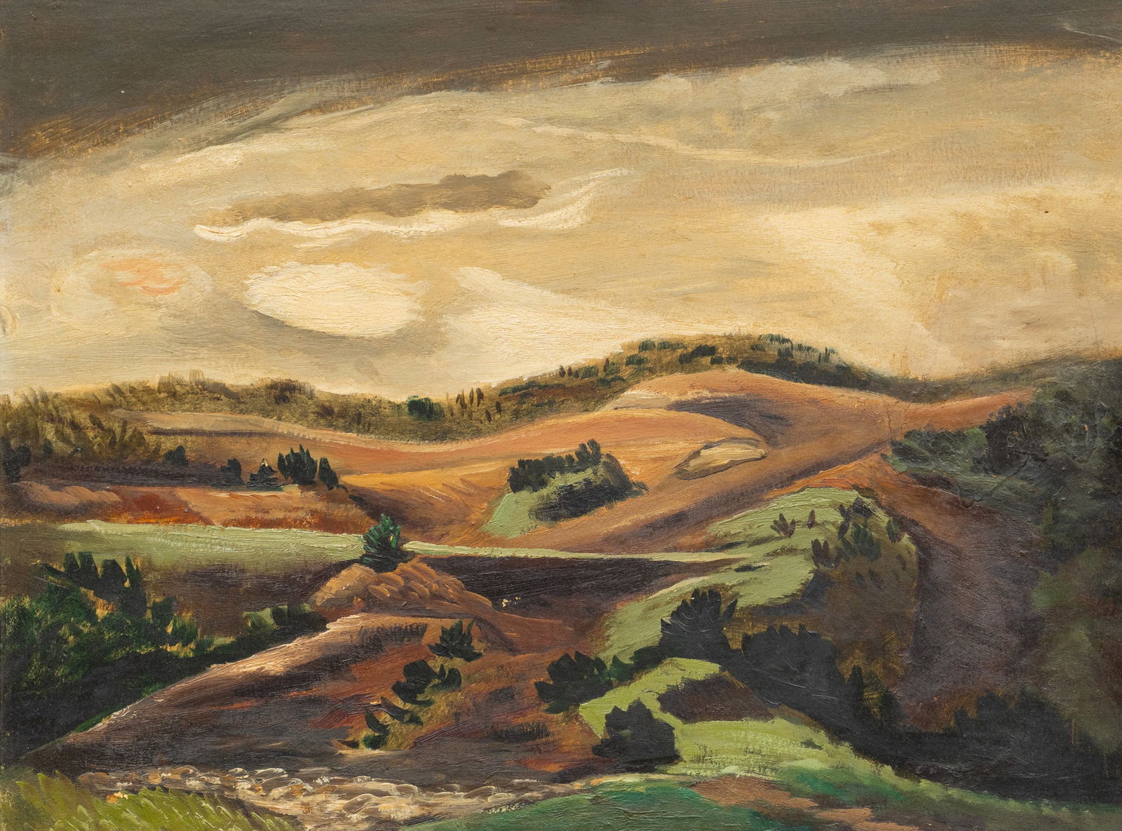 Everett Spruce, "Old Pasture", 1941: Everett Spruce (Texas / Arkansas, 1908-2002), "Old Pasture", oil on panel, signed and dated lower right, 1941sight: 14 x 18 in., frame: 18.75 x 22.75 in.Condition: Some minor